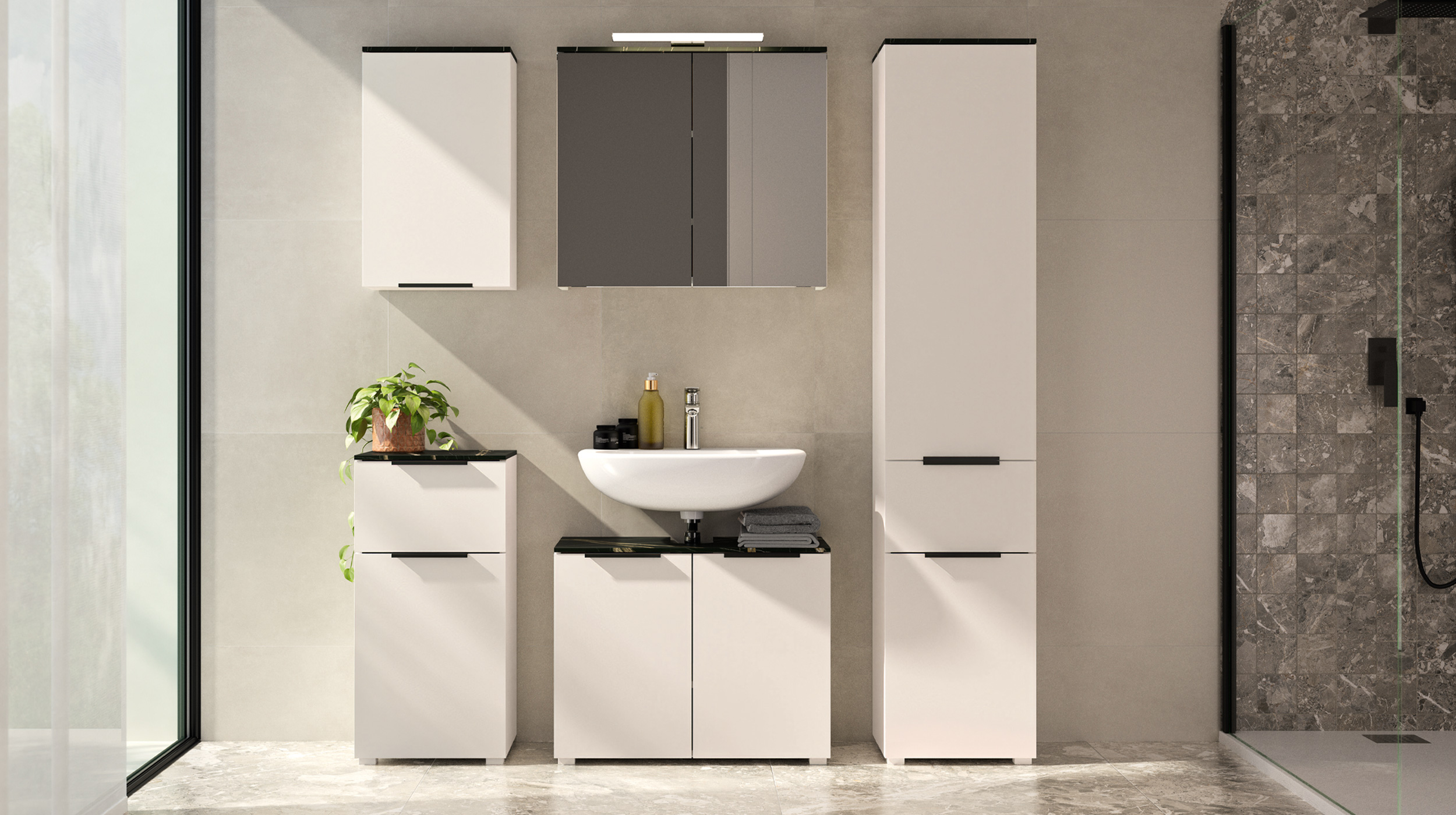 Waschbeckenunterschrank beige - Marmoroptik 70 cm - PROMESSA