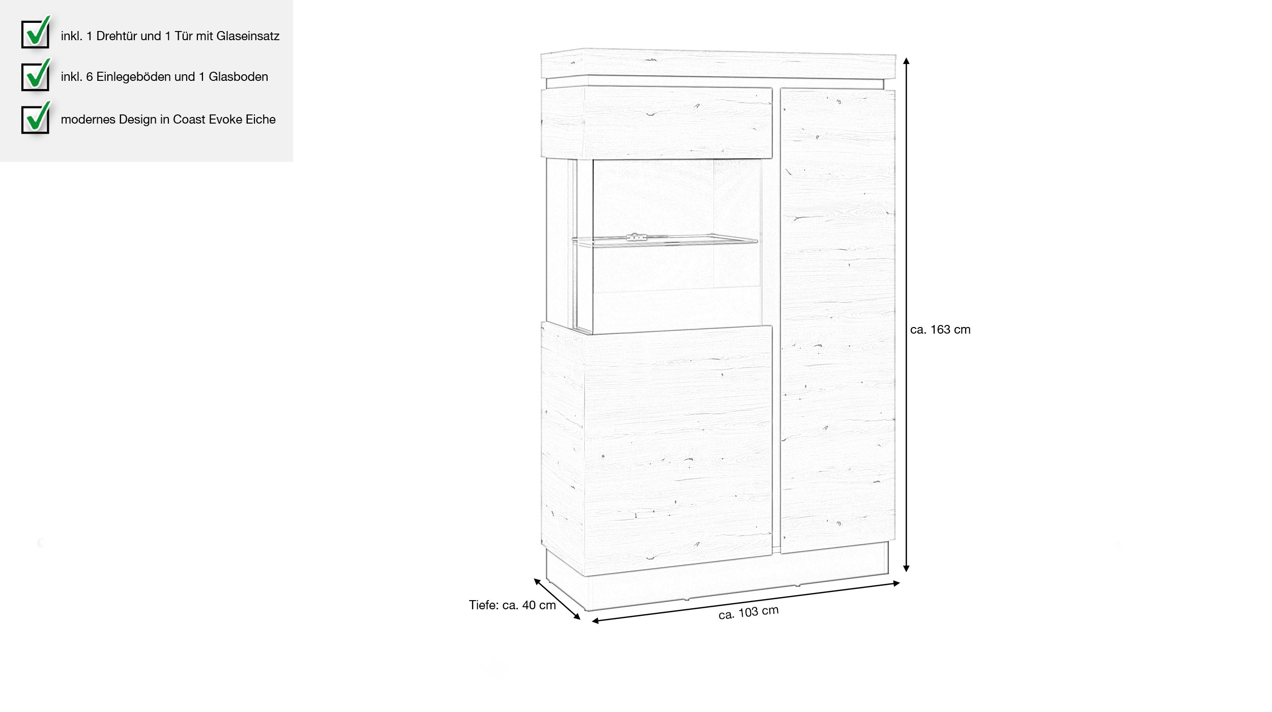 Vitrine mit Glastür Coast Evoke Eiche - grau Breite 103 cm - CORTE