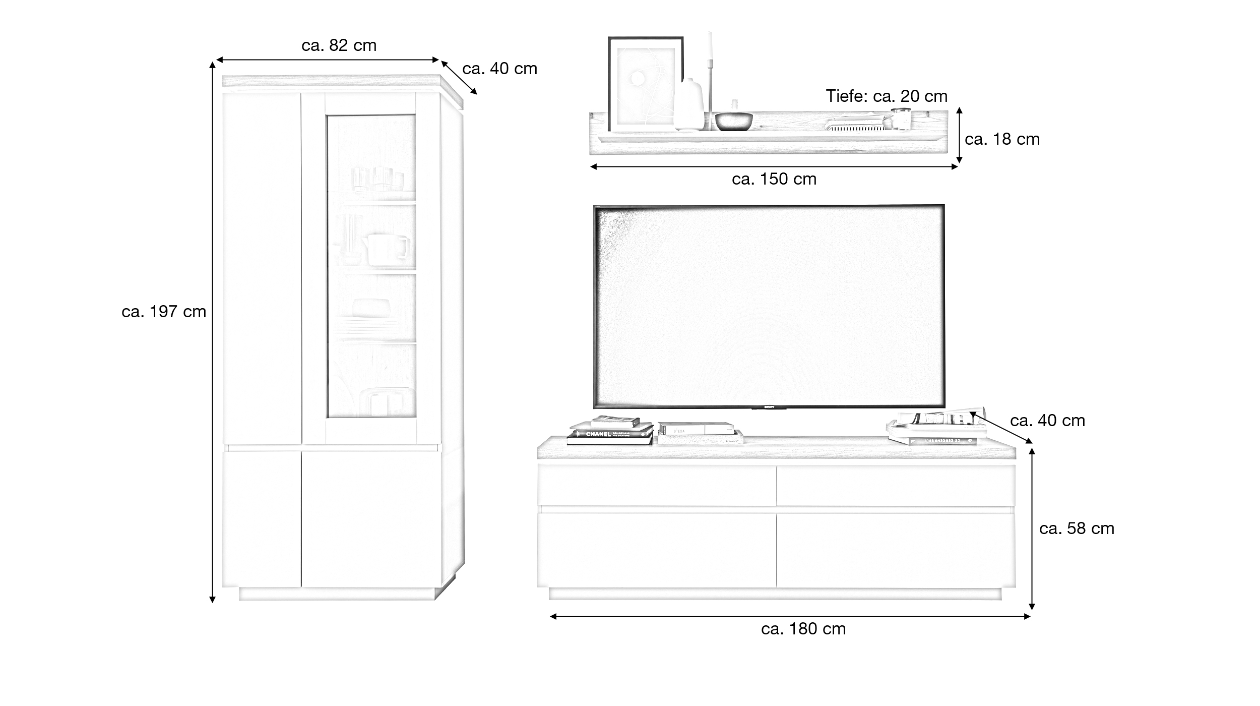 Wohnwand Evoke Eiche 278 cm - LED-Beleuchtung - REMOLINO 
