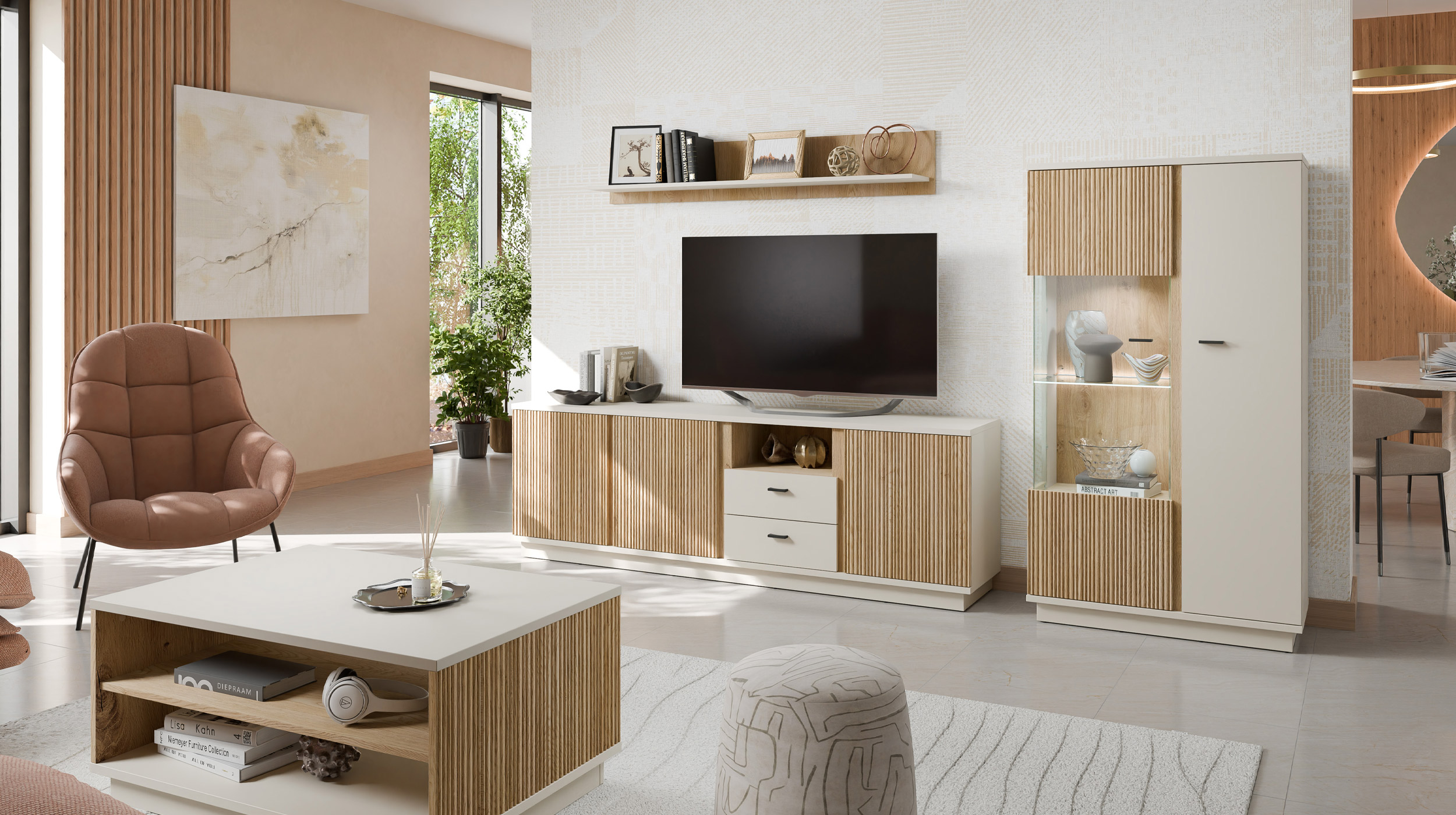 Vitrine mit Glastür beige - Eiche - Breite 87 cm - MOSANO