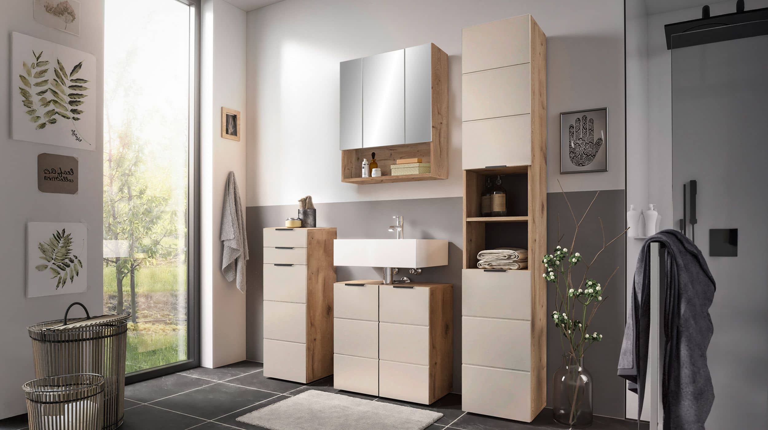 Bad Hochschrank Viking Eiche - beige 2 Türen Breite 34 cm - KRETA
