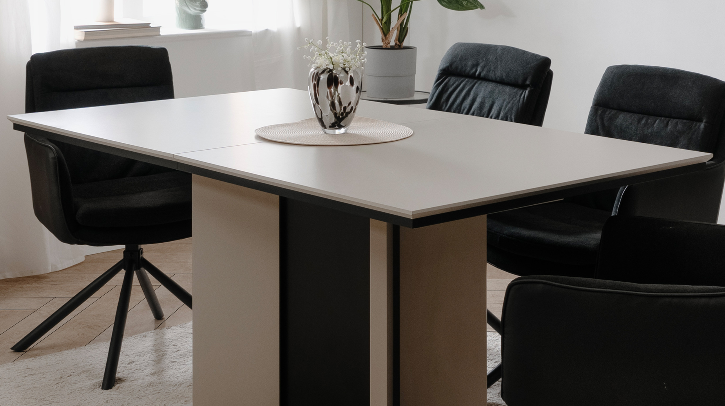 Esstisch 160 - 200 cm ausziehbar beige schwarz Säulentisch - ARONA