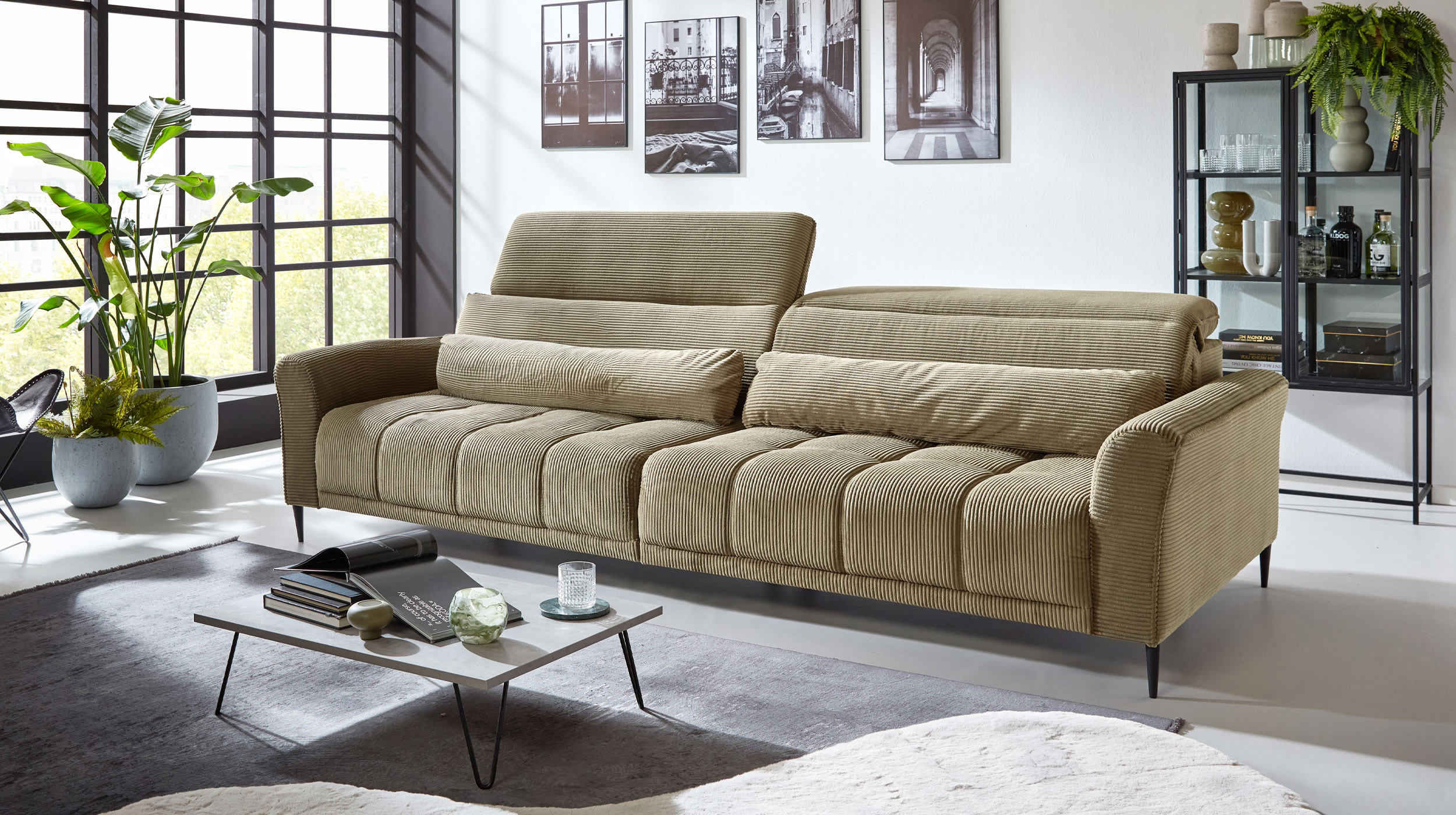 Big Sofa Cord grün 280 cm - mit Nosagunterfederung - LOGAN