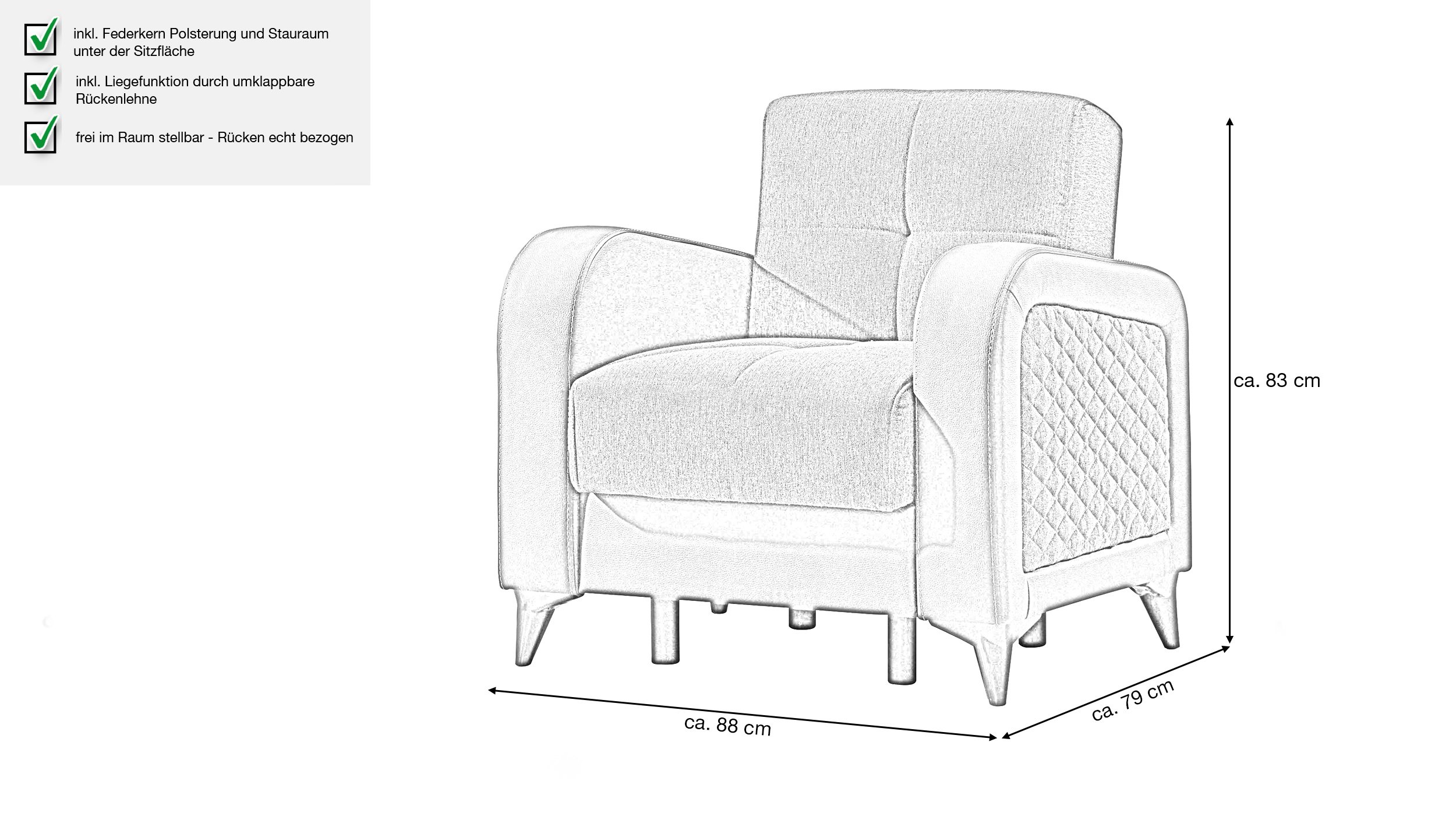 Fernsehsessel Sessel grau mit Liegefunktion und Stauraum - RIZA