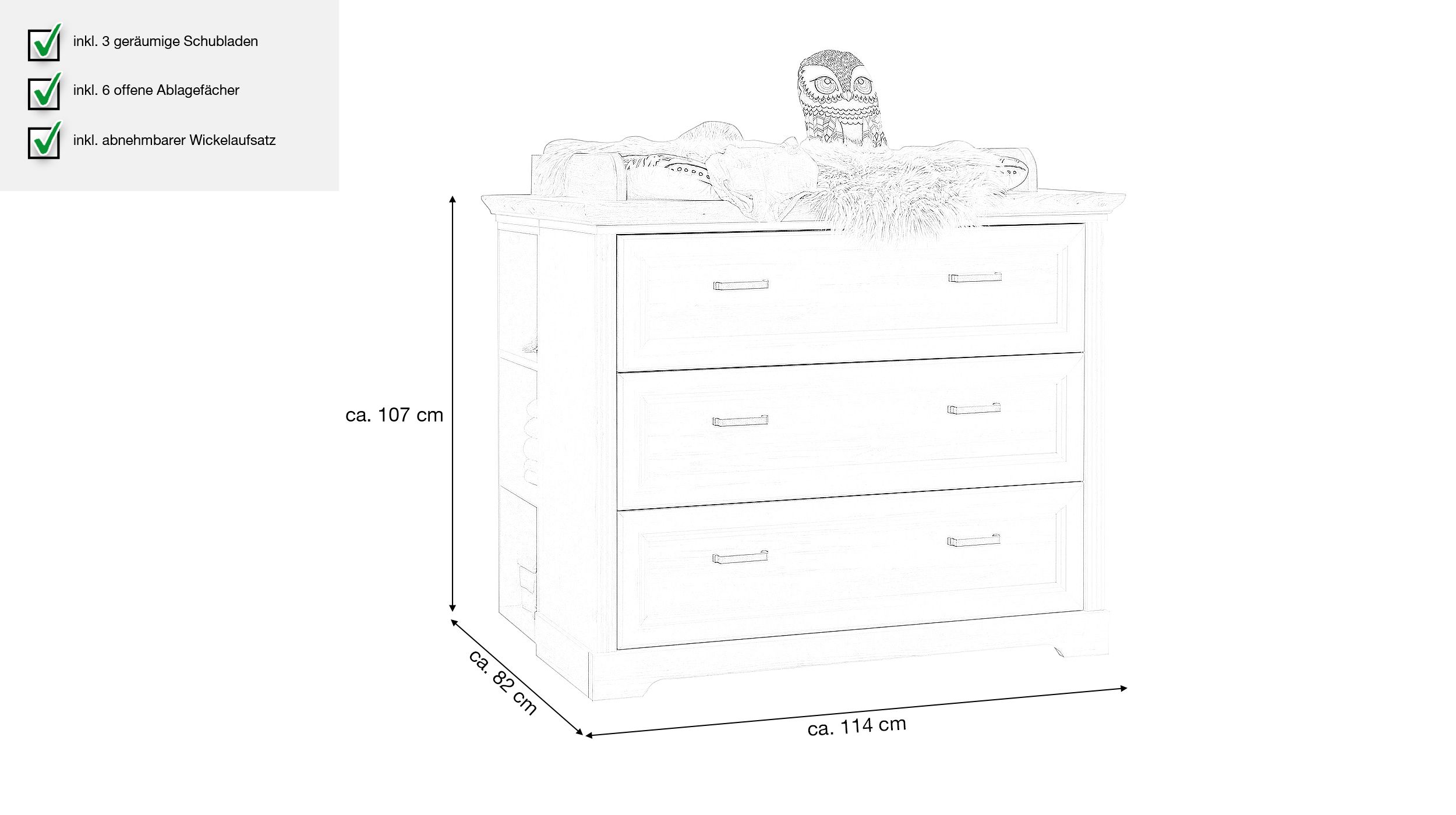 Kommode Wickelkommode weiß Anderson Pinie 114 cm - JASMIN 