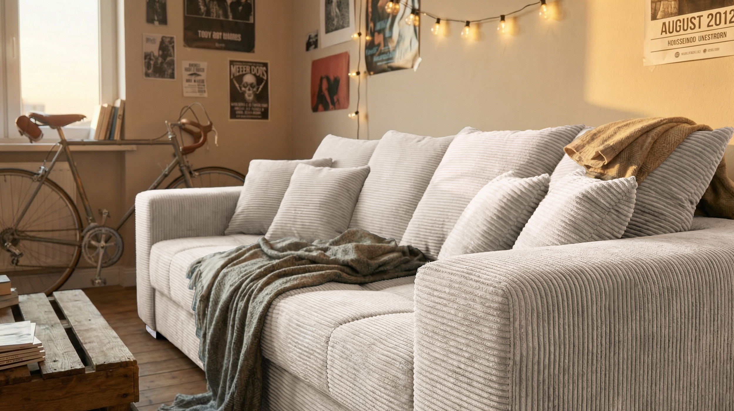 Big Sofa Cord beige - 254 cm - Nosagunterfederung - BORNEO