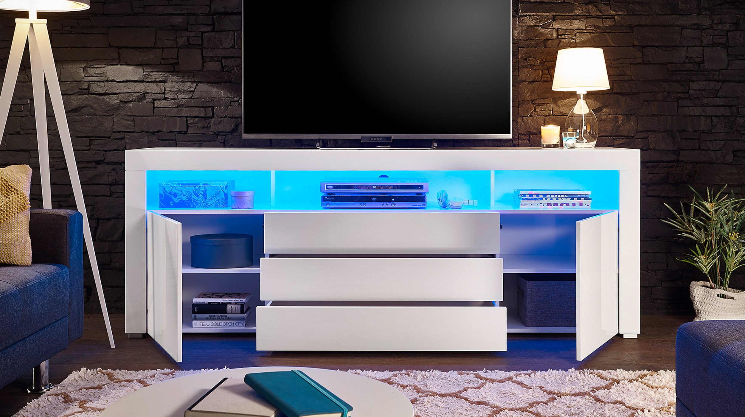 TV - Lowboard weiß hochglanz 200 cm mit Beleuchtung - GOAL