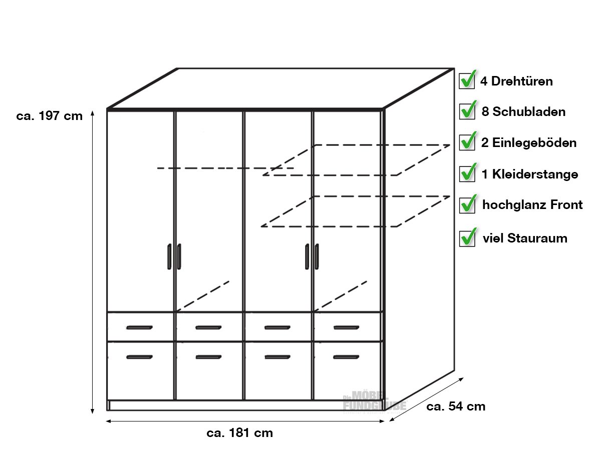 Kleiderschrank weiß hochglanz - rauch - 181 cm - CELLE