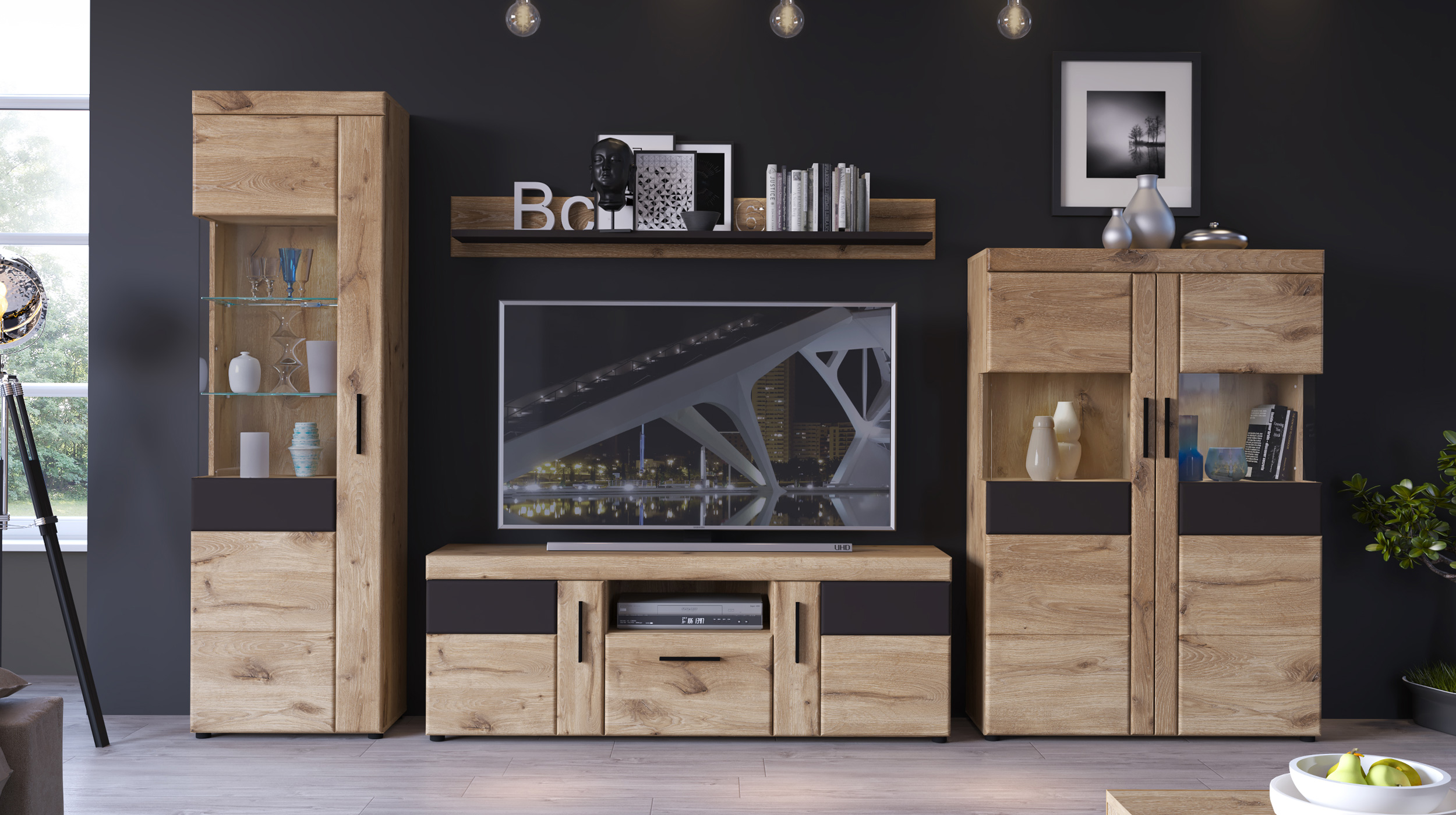 Vitrine mit Glastür Viking Eiche - grau - Breite 58 cm - GRANO