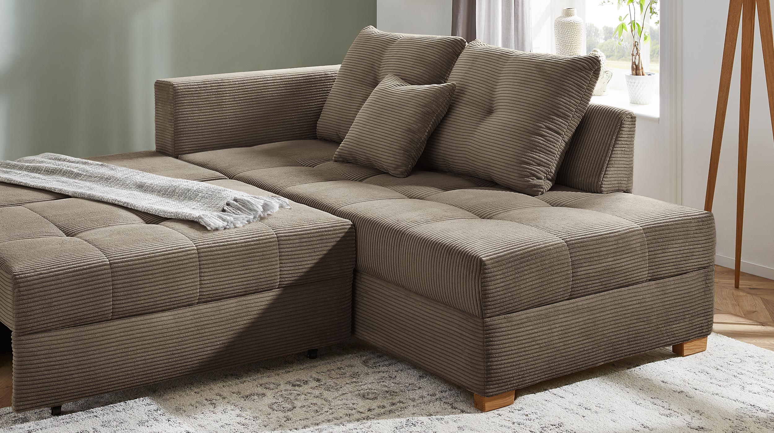 Ecksofa Cord taupe - Schlaffunktion Bettkasten 228 cm - HEIDELBERG