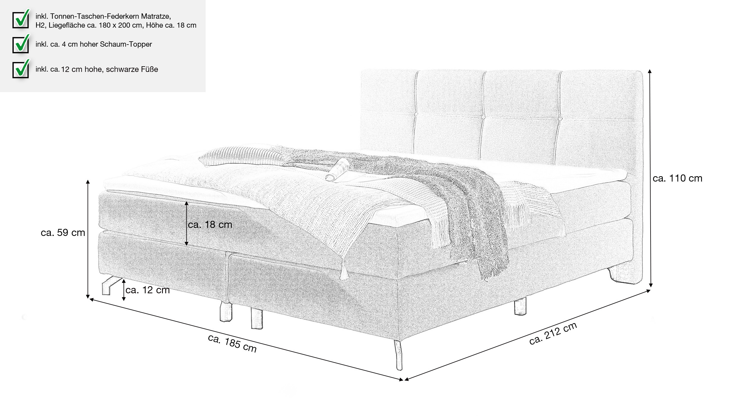 Boxspringbett 180 x 200 cm Webstoff grau - DANITA