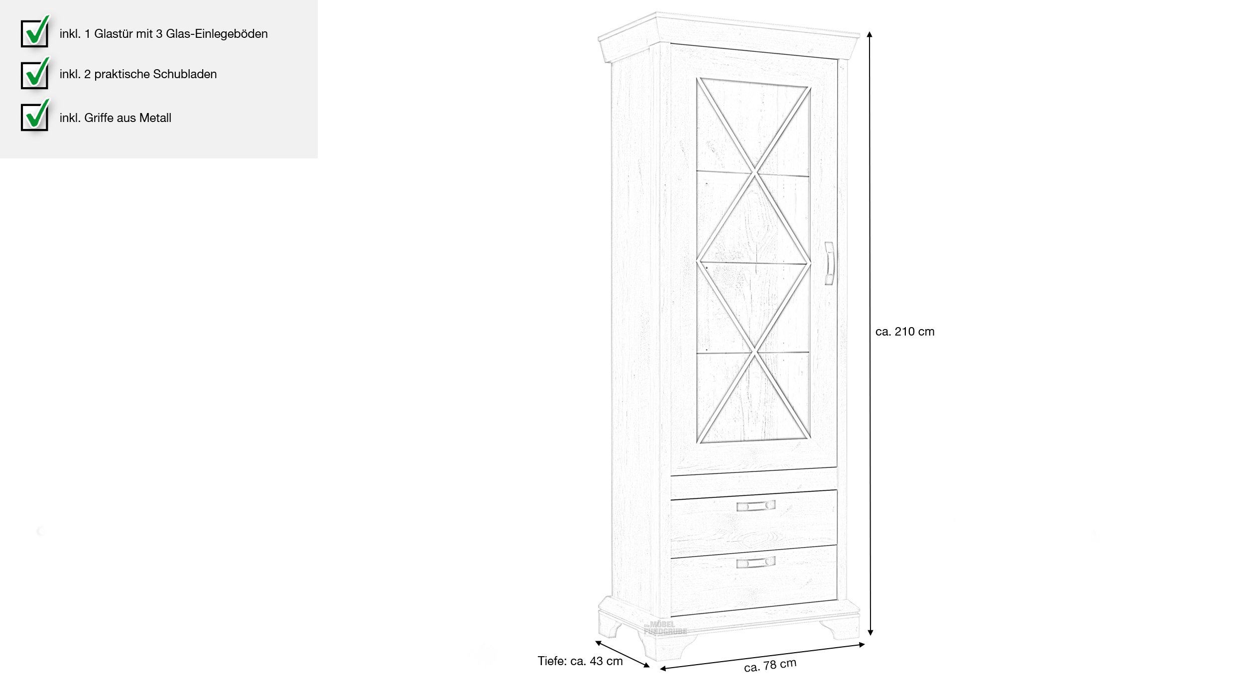 Vitrine mit Glastür Pinie weiß Breite 78 cm - KASHMIR