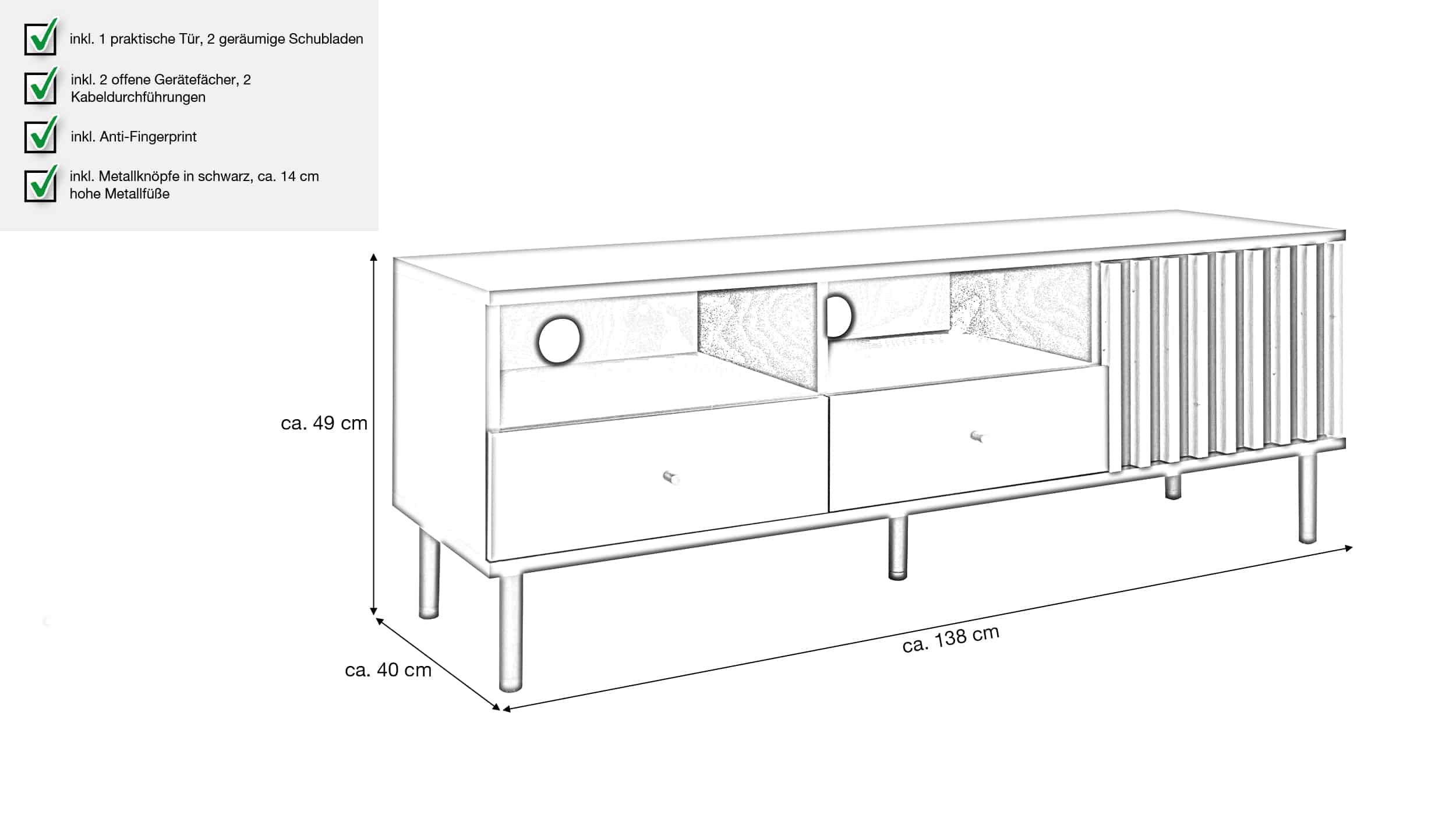 TV-Lowboard mit 2 Schubladen Artisan Eiche 138 cm - MONZA