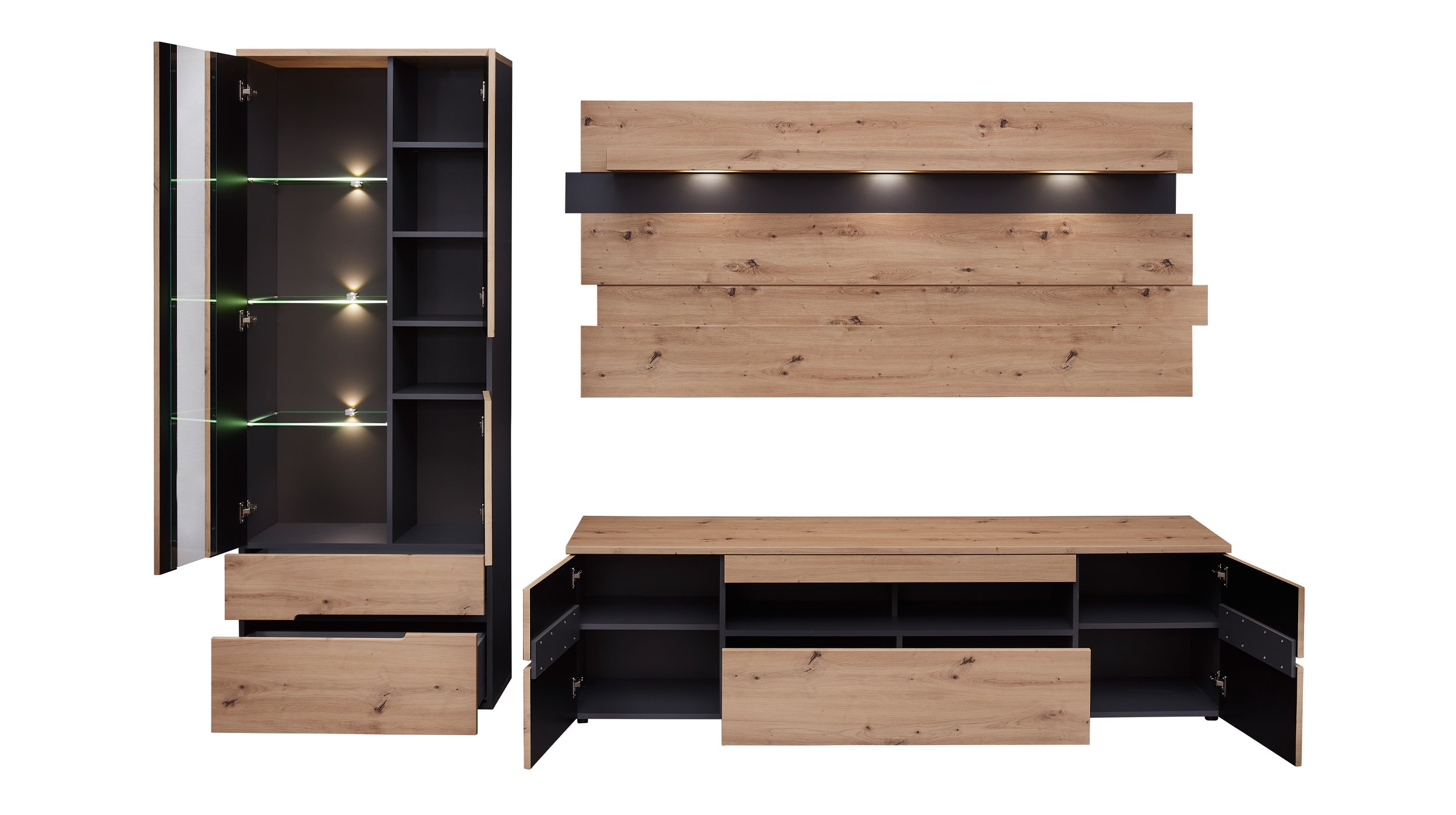 Wohnwand Artisan Eiche Graphit 287 cm mit Beleuchtung - MEMPHIS