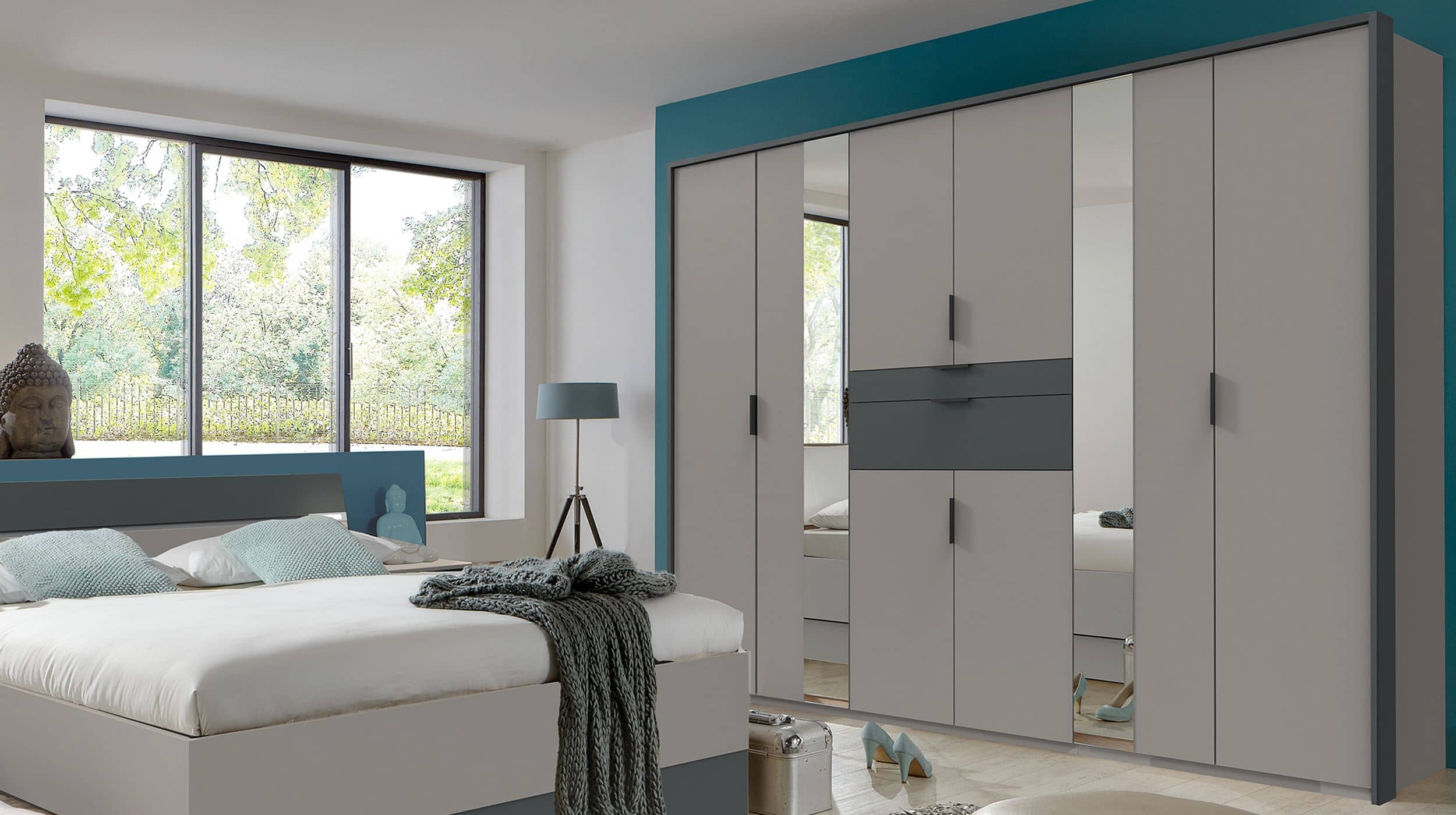 Kleiderschrank mit Spiegel 270 cm grau - graphit 6-türig - XANTEN