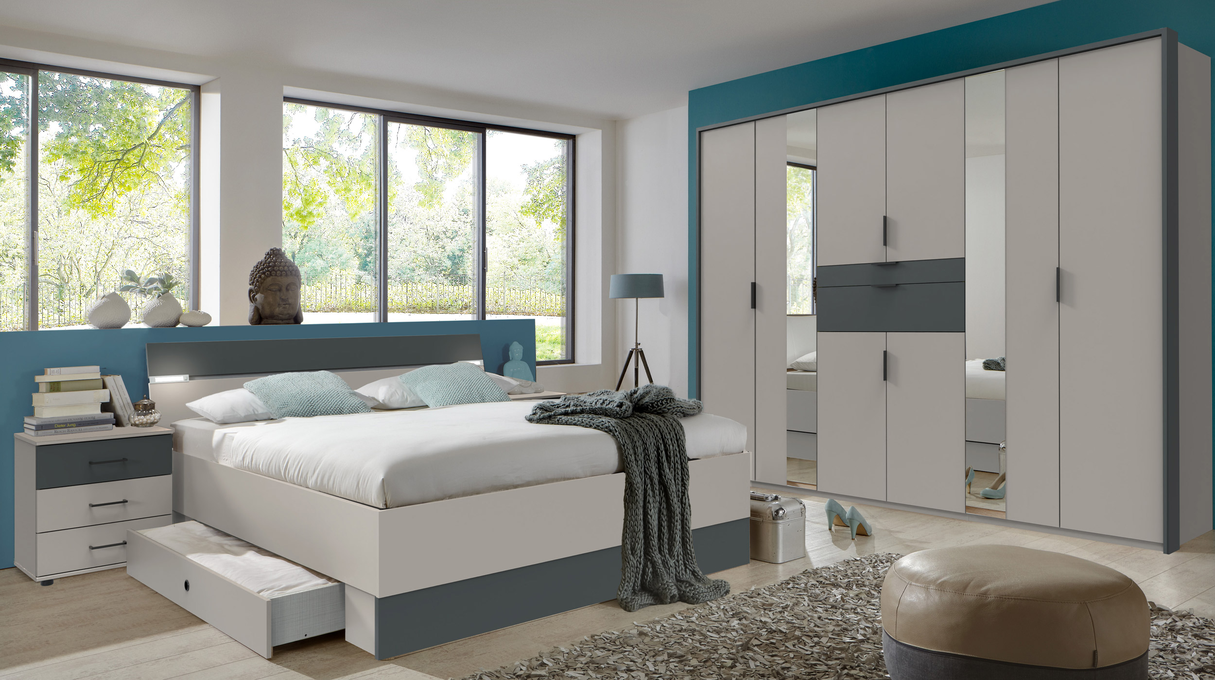 Kleiderschrank mit Spiegel 270 cm grau - graphit 6-türig - XANTEN