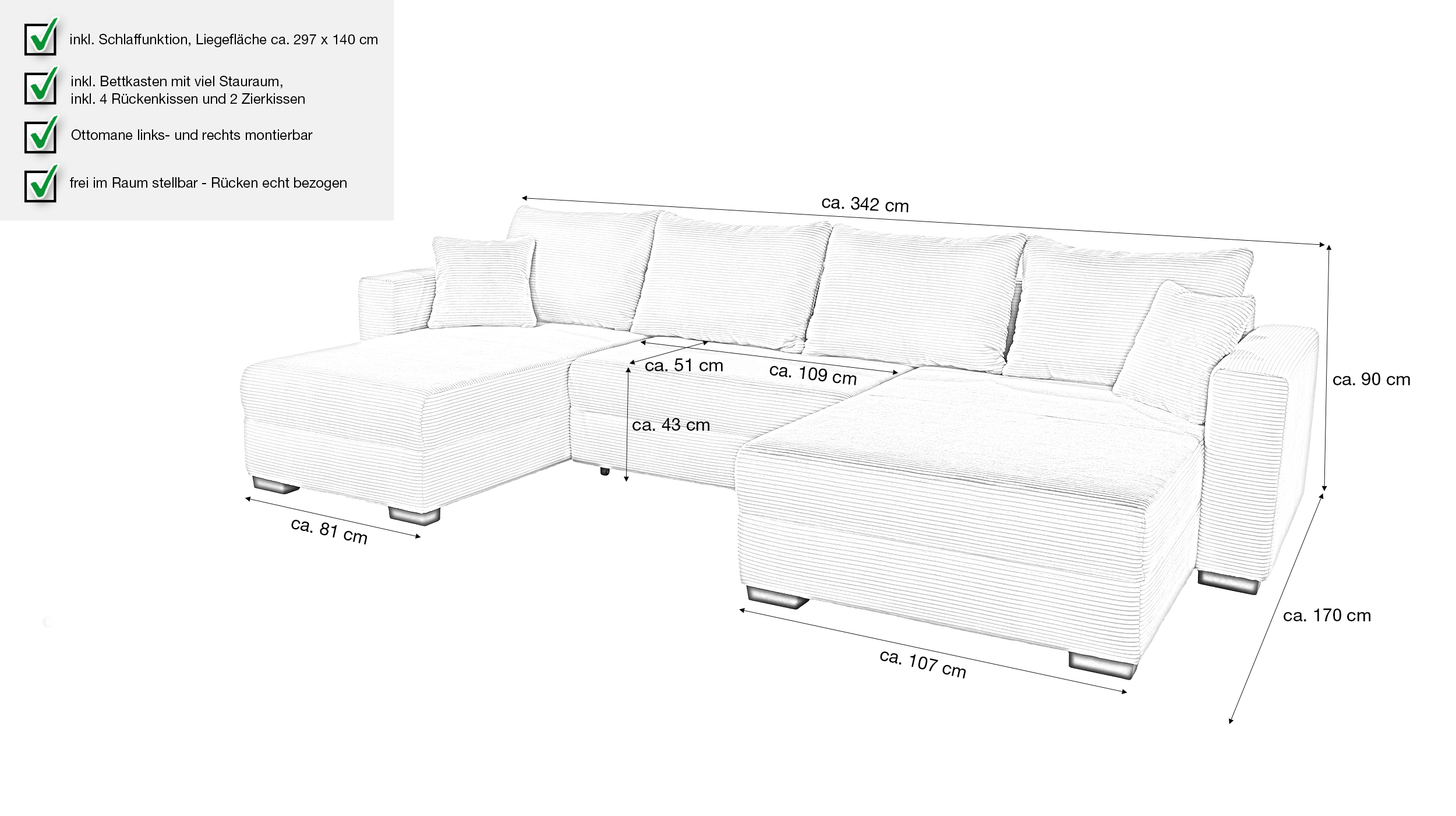 Wohnlandschaft mit Schlaffunktion Cord beige 342 cm - SELMA