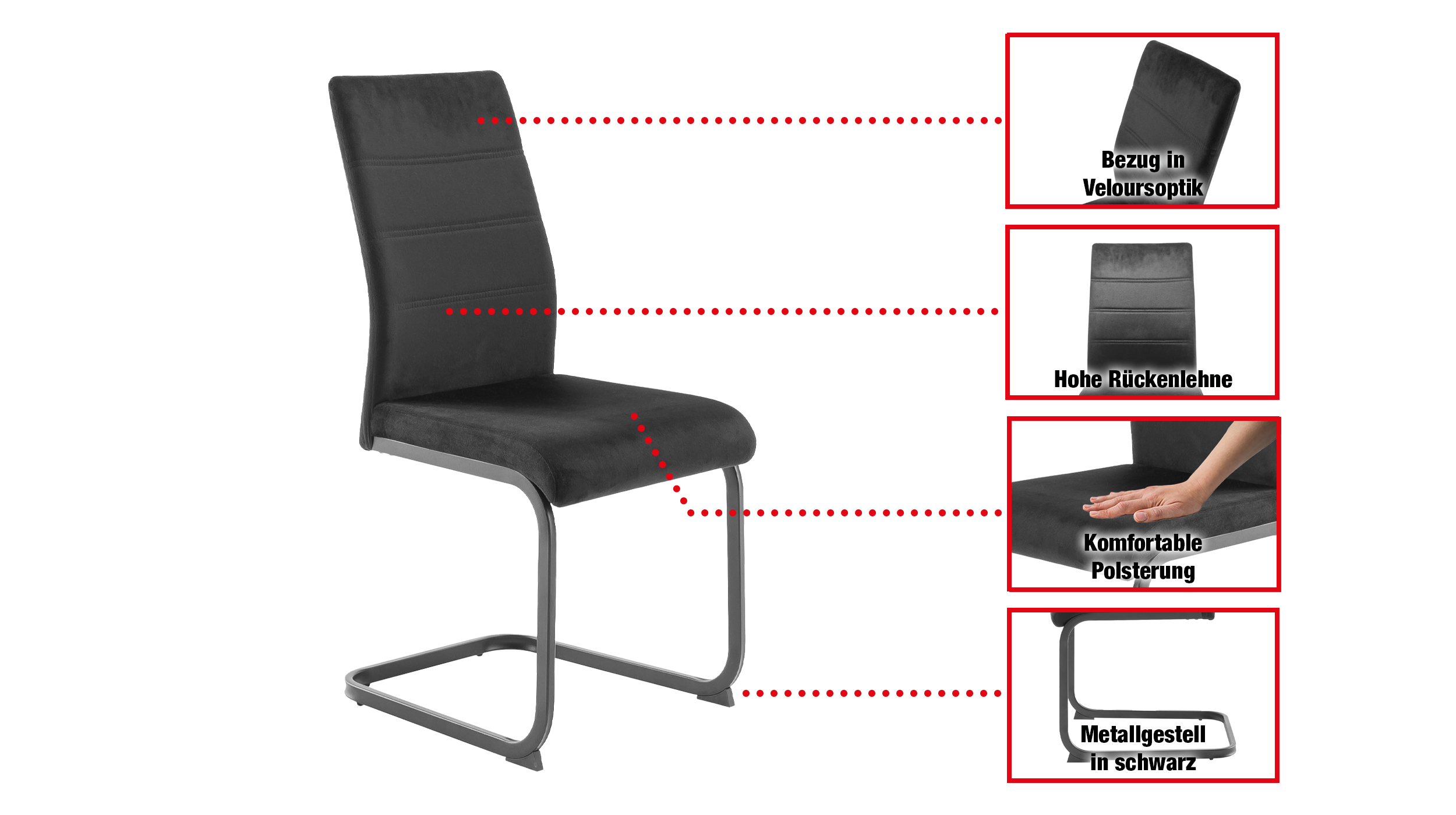 Schwingstuhl schwarz Freischwinger Veloursoptik - TICINO