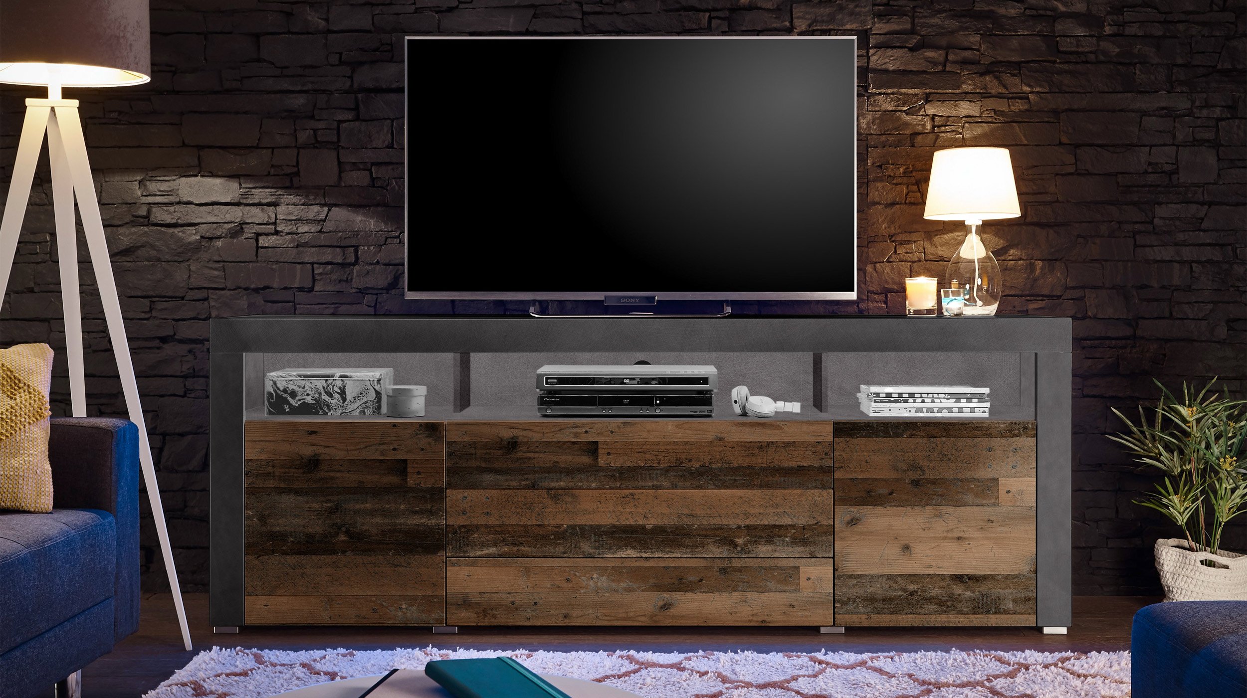 TV - Lowboard Old Wood 200 cm mit Beleuchtung - GOAL