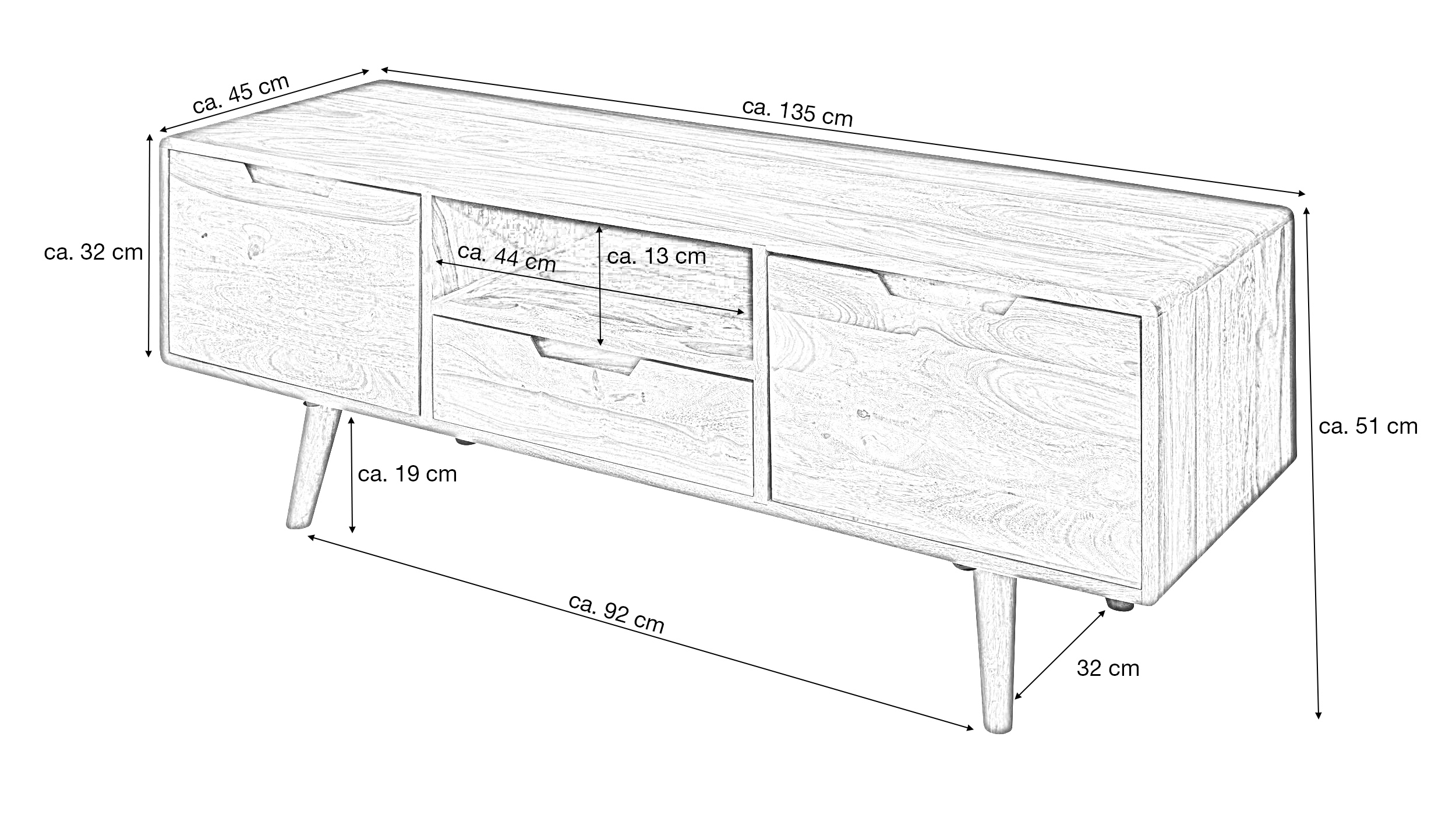 TV-Lowboard Sheeshamholz massiv gebeizt 135 cm - HALLA 