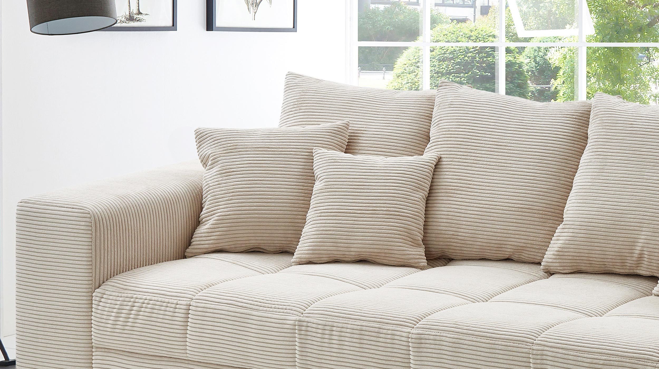 Big Sofa Cord beige - 254 cm - Nosagunterfederung - BORNEO