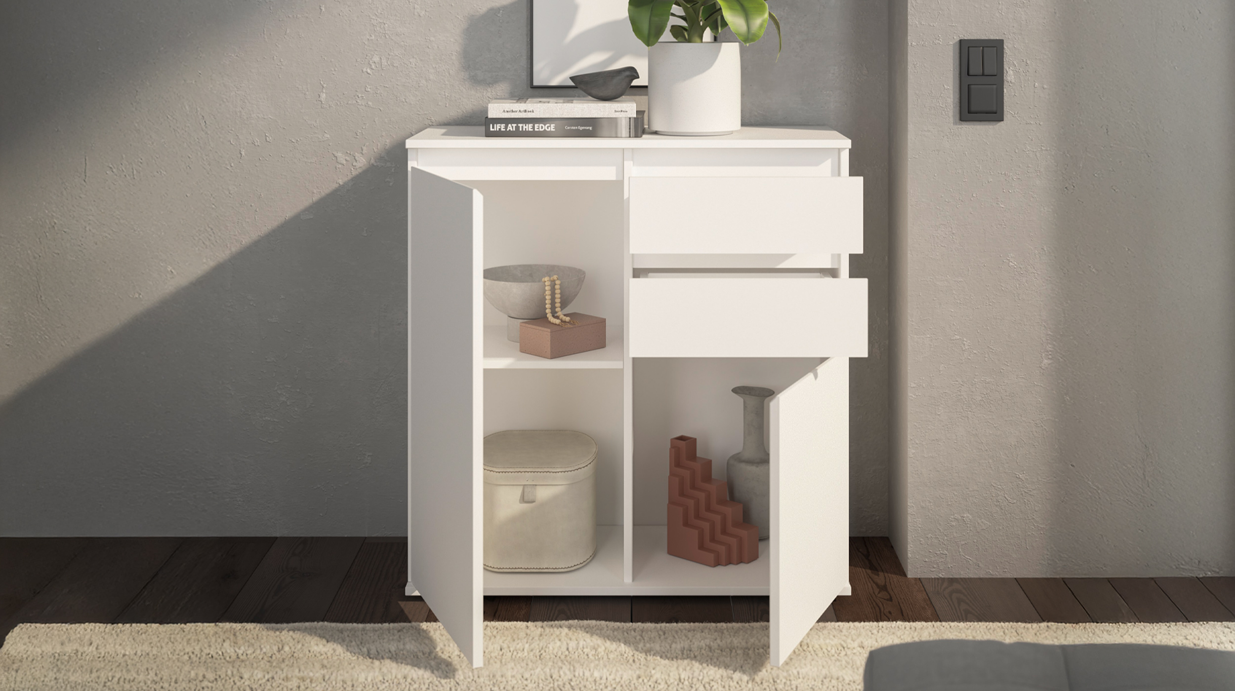 Kommode mit 2 Schubladen weiß 80 x 35 cm - 2-türig - BRESTA