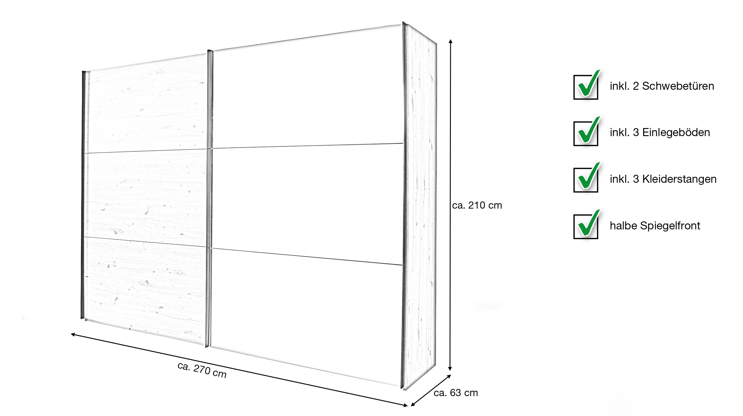 Schwebetürenschrank mit Spiegel - Artisan Eiche - 270 cm - TRONDHEIM