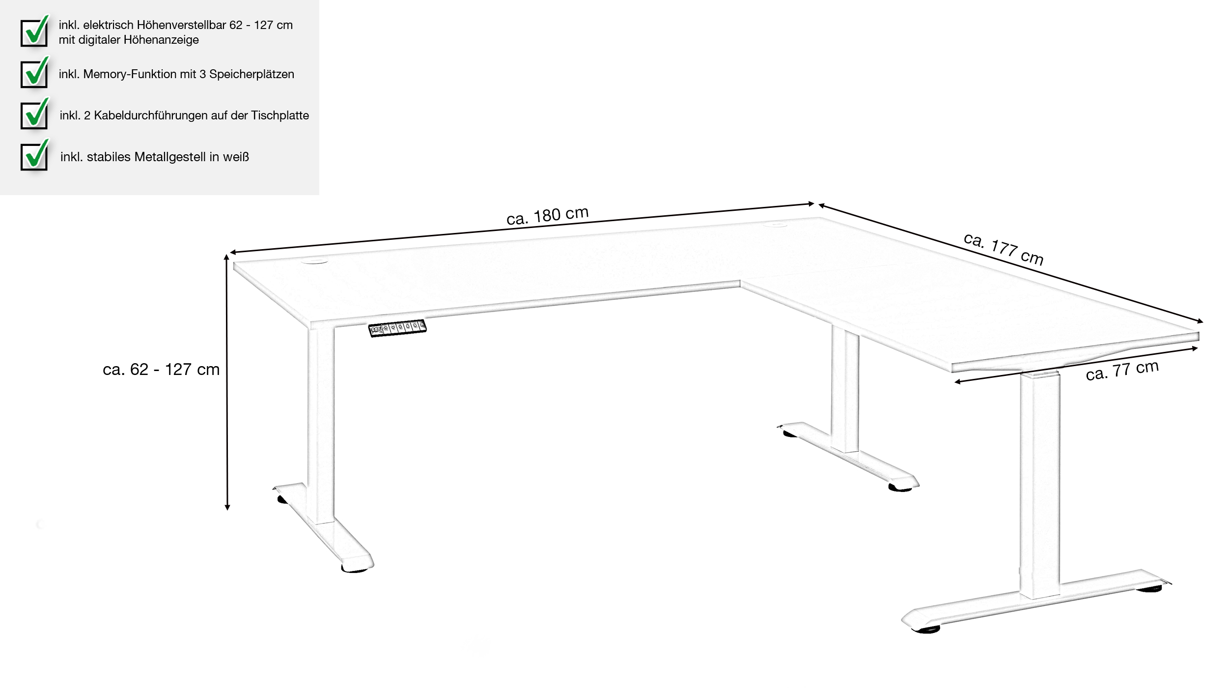 Eckschreibtisch weiß höhenverstellbar - 180 cm - BENNY