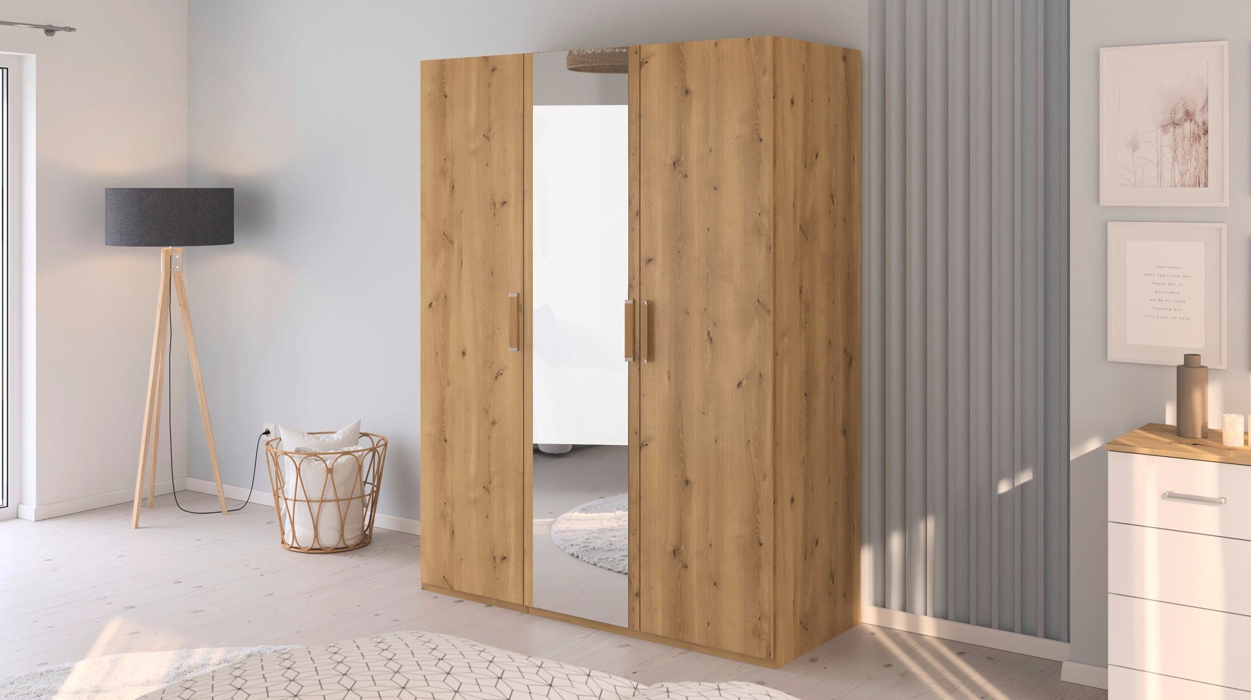Kleiderschrank mit Spiegel - Asteiche - 151 cm - rauch - EVELYN