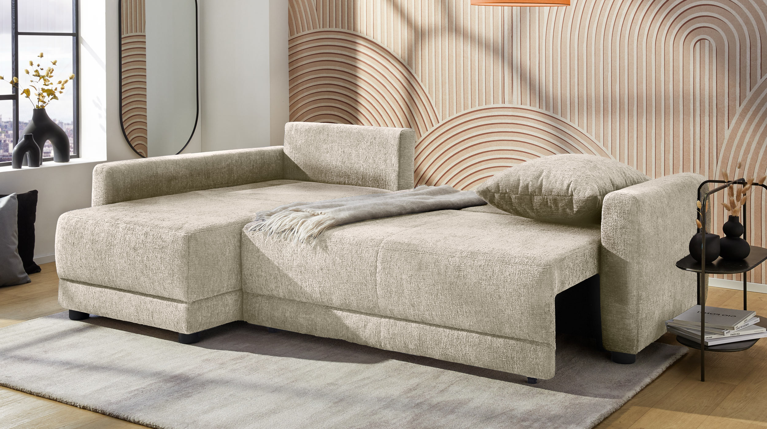 Ecksofa mit Schlaffunktion beige 232 x 154 cm Bettkasten - VENEZIA