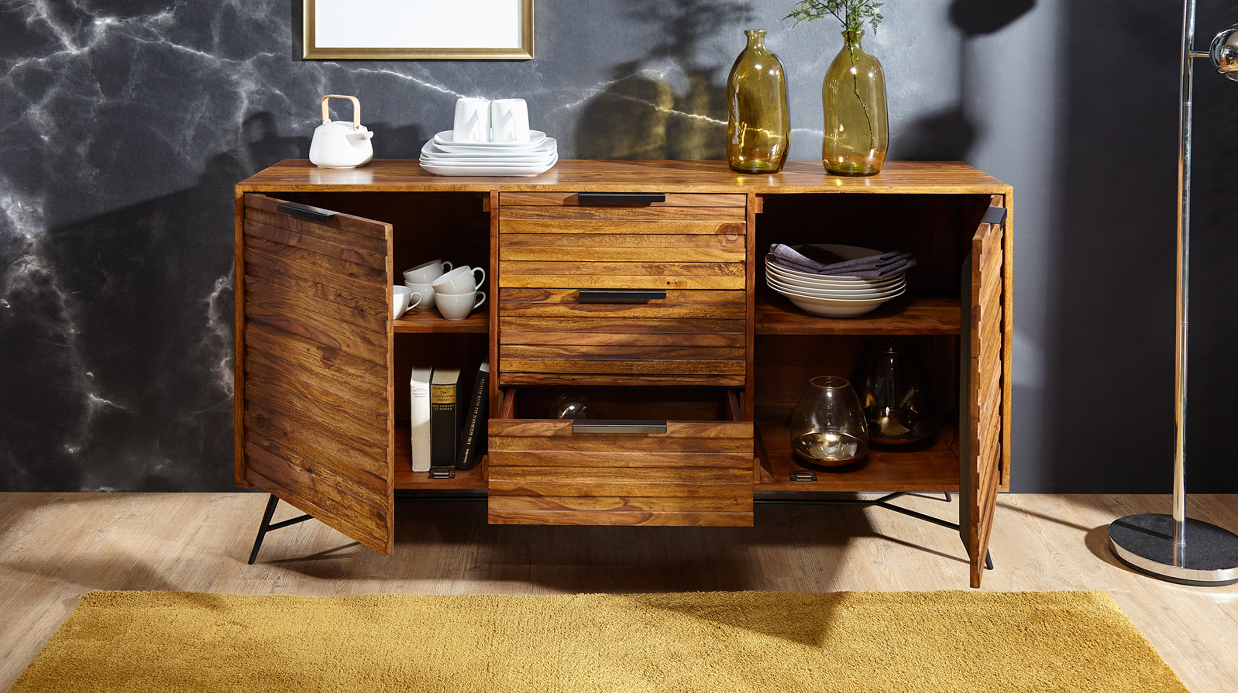 Sideboard 3 Schubladen Sheesham massiv gebeizt 160 cm - TORHILD