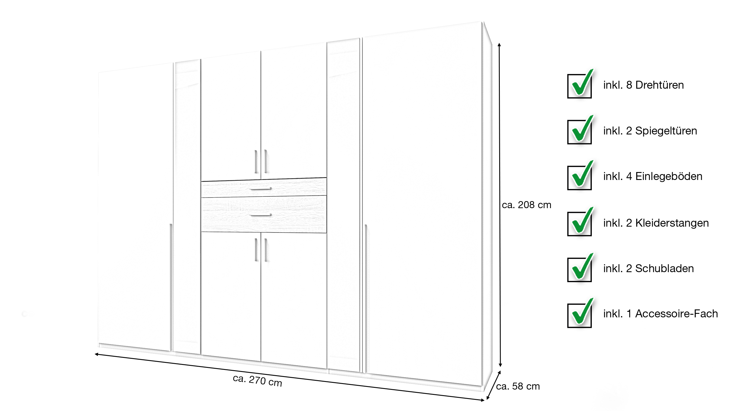 Kleiderschrank mit Spiegel - weiß - Sägerau Eiche - 270 cm - CHEEP