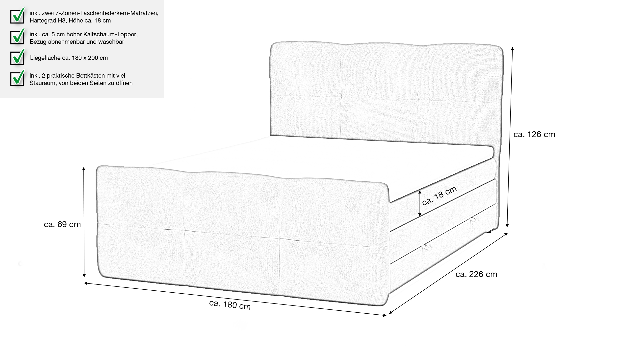 Boxspringbett 180 x 200 cm mit Bettkasten anthrazit Stoffbezug - STAR