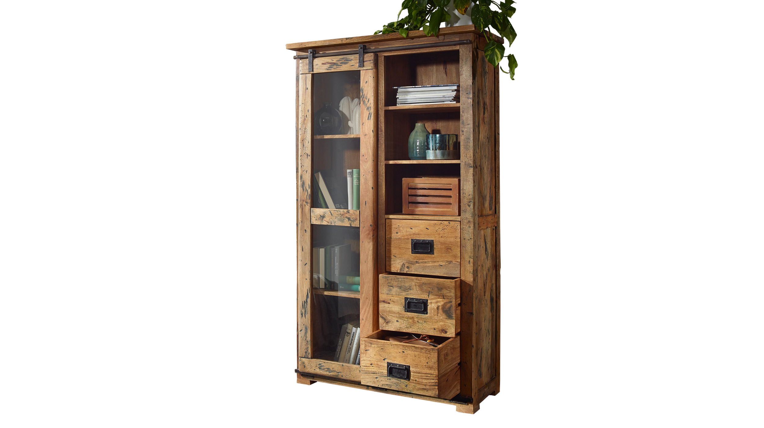 Vitrine mit Schiebetür Mango massiv Breite 100 cm - montiert - EMANUEL