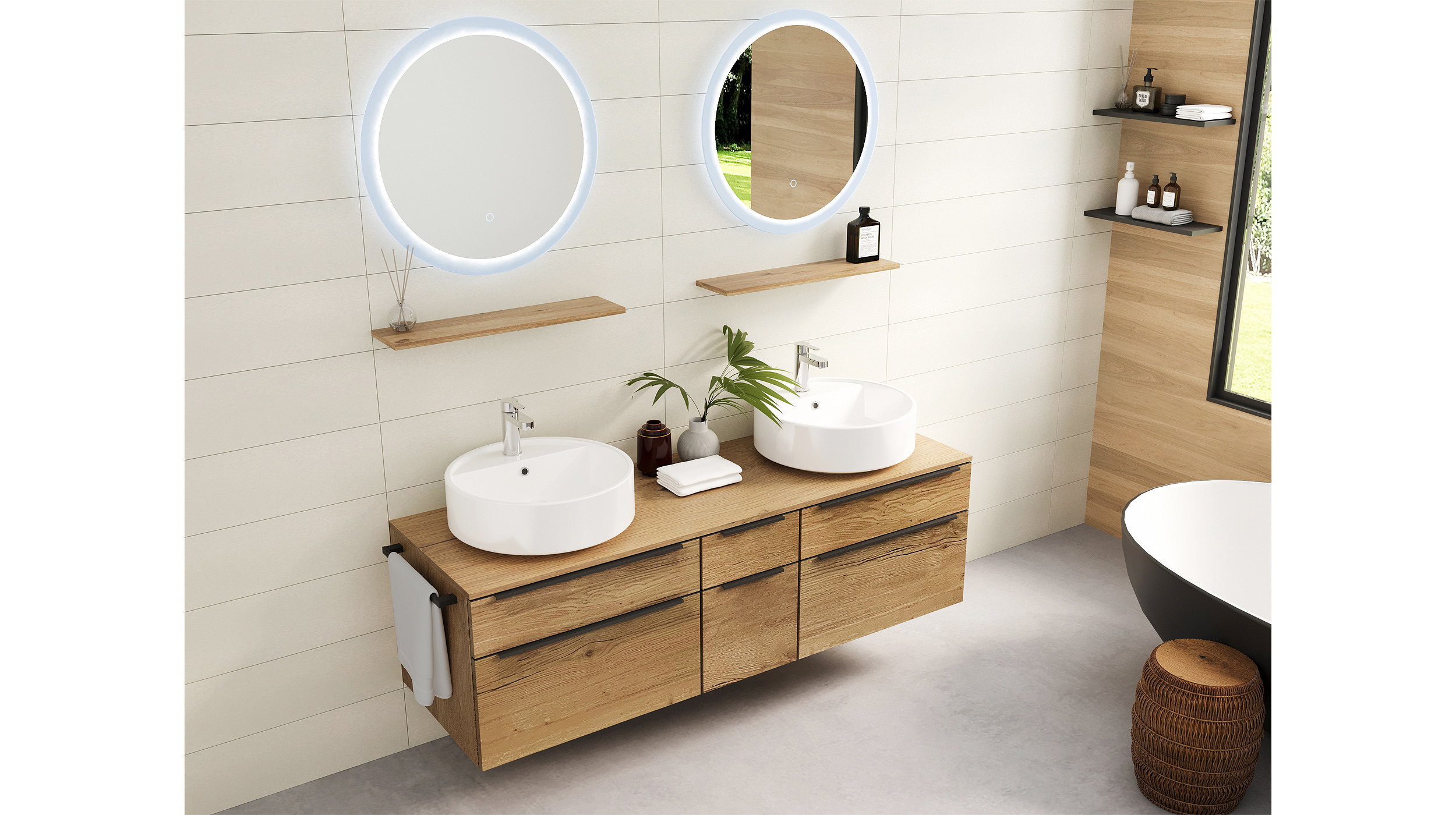 Badmöbel-Set Eiche - 7 Teile - Doppelwaschtisch 151 cm - SKYE