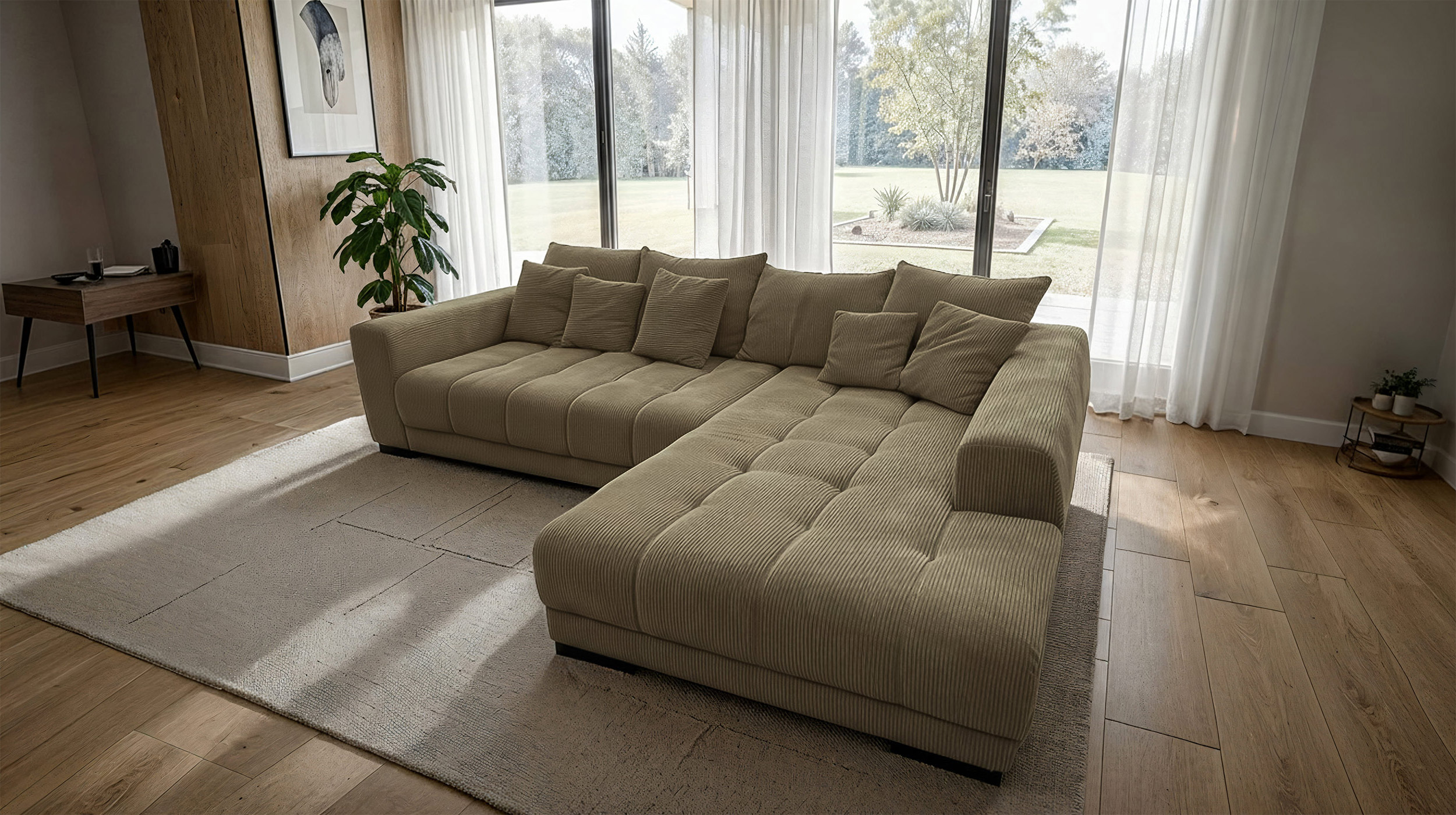 Ecksofa Cord grün elektrisch ausfahrbar 300 cm - OT rechts - ARTEMIS
