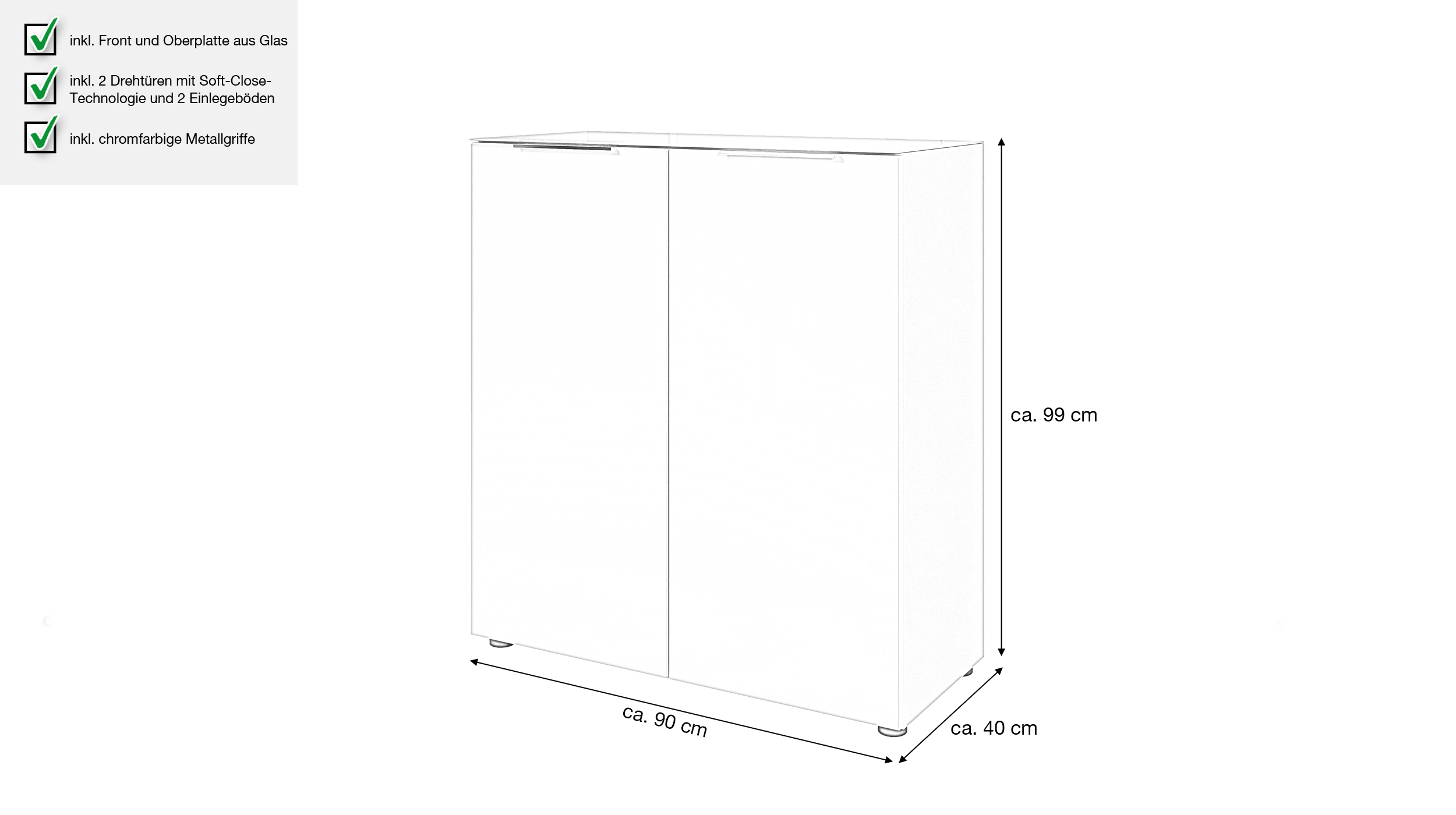 Kommode - weiß - Glasfront - 90 x 40 cm - SANTORIN