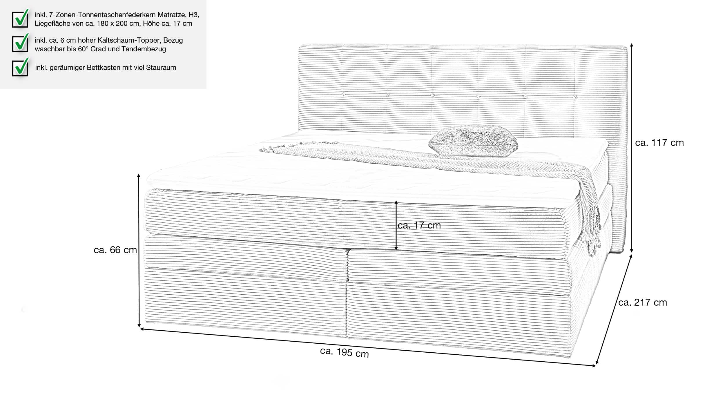 Boxspringbett Cord hellgrau 180 x 200 cm mit Bettkasten - AMY