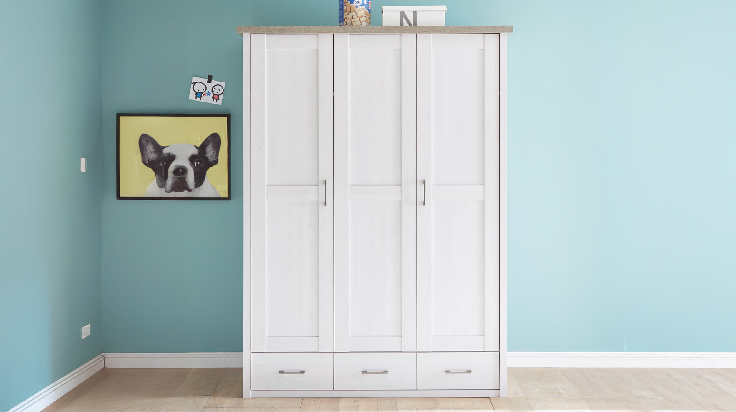 Kleiderschrank 148 cm Pinie weiß 3-türig - LUCA