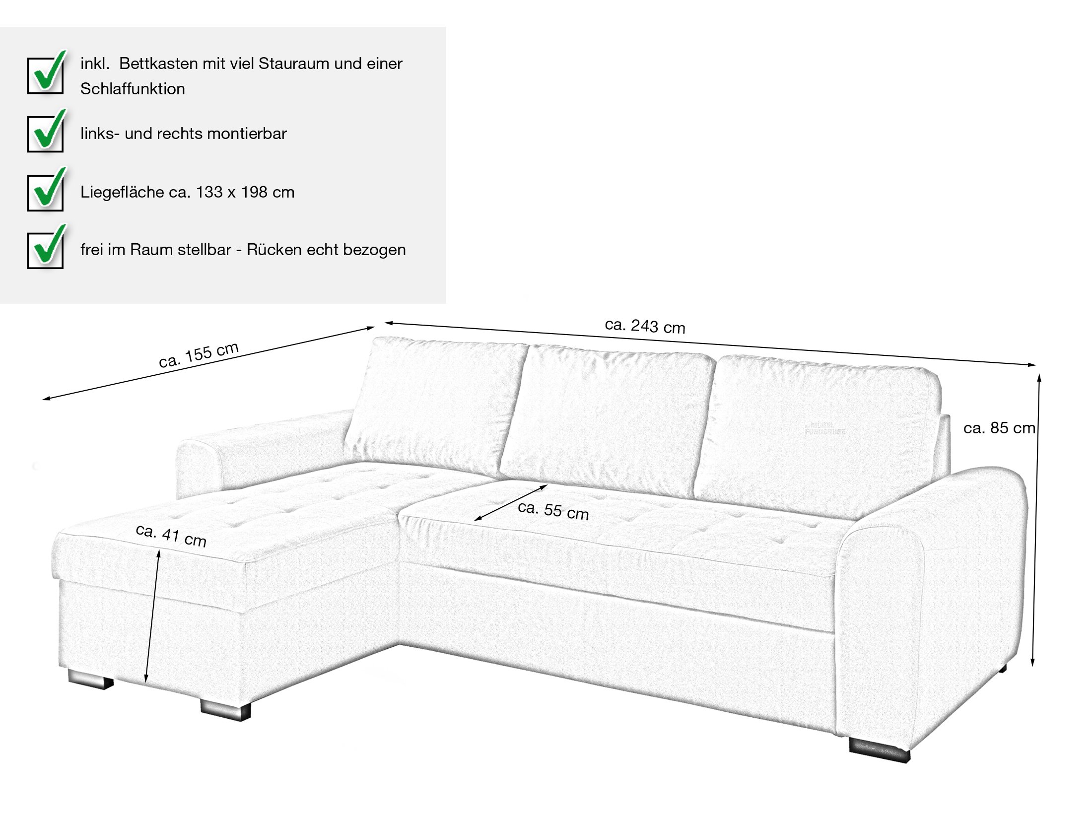 Ecksofa mit Schlaffunktion grau 243 x 155 cm Bettkasten POLL