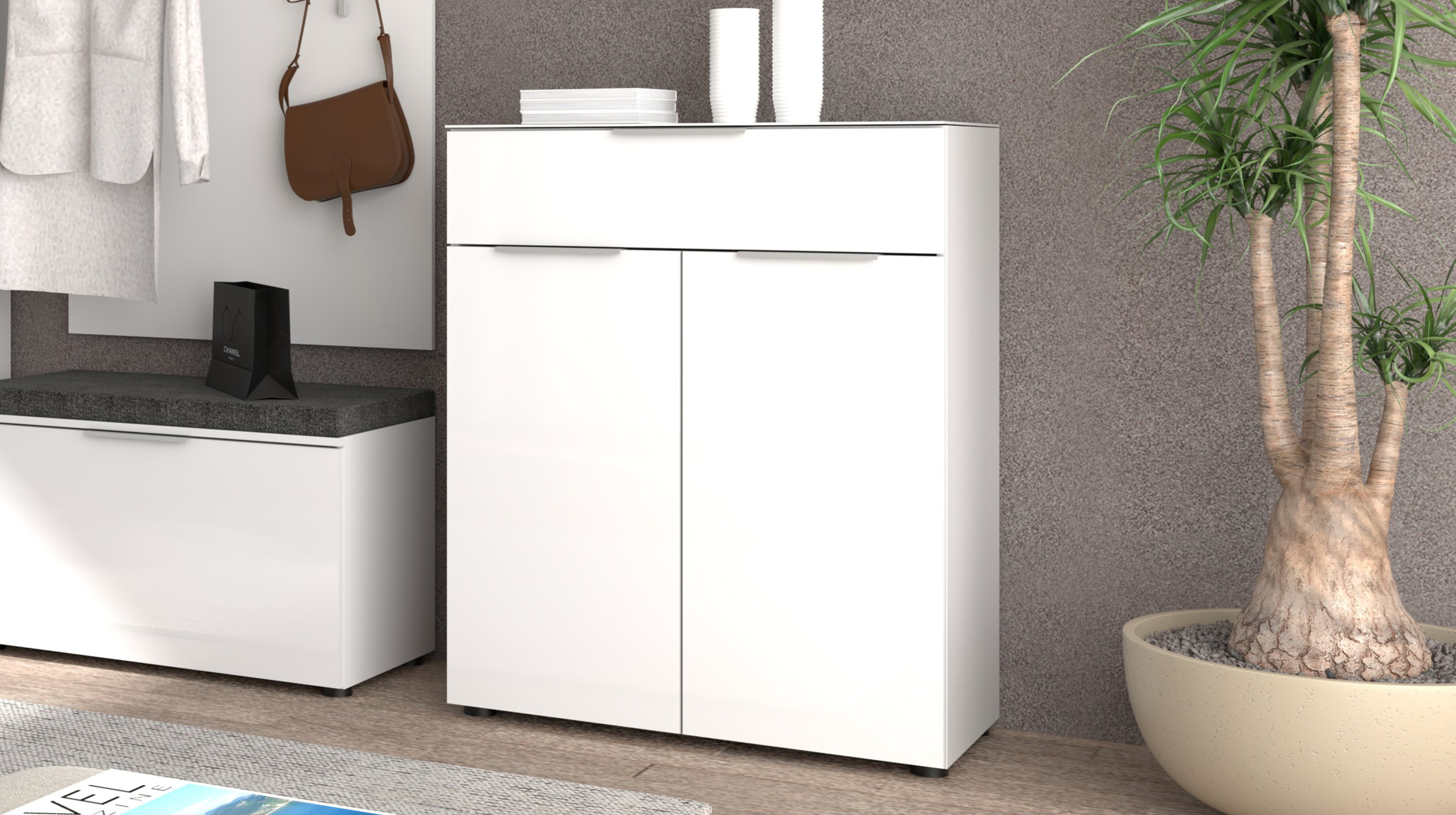 Kommode mit Schublade weiß Glasfront 80 cm - SANTORIN
