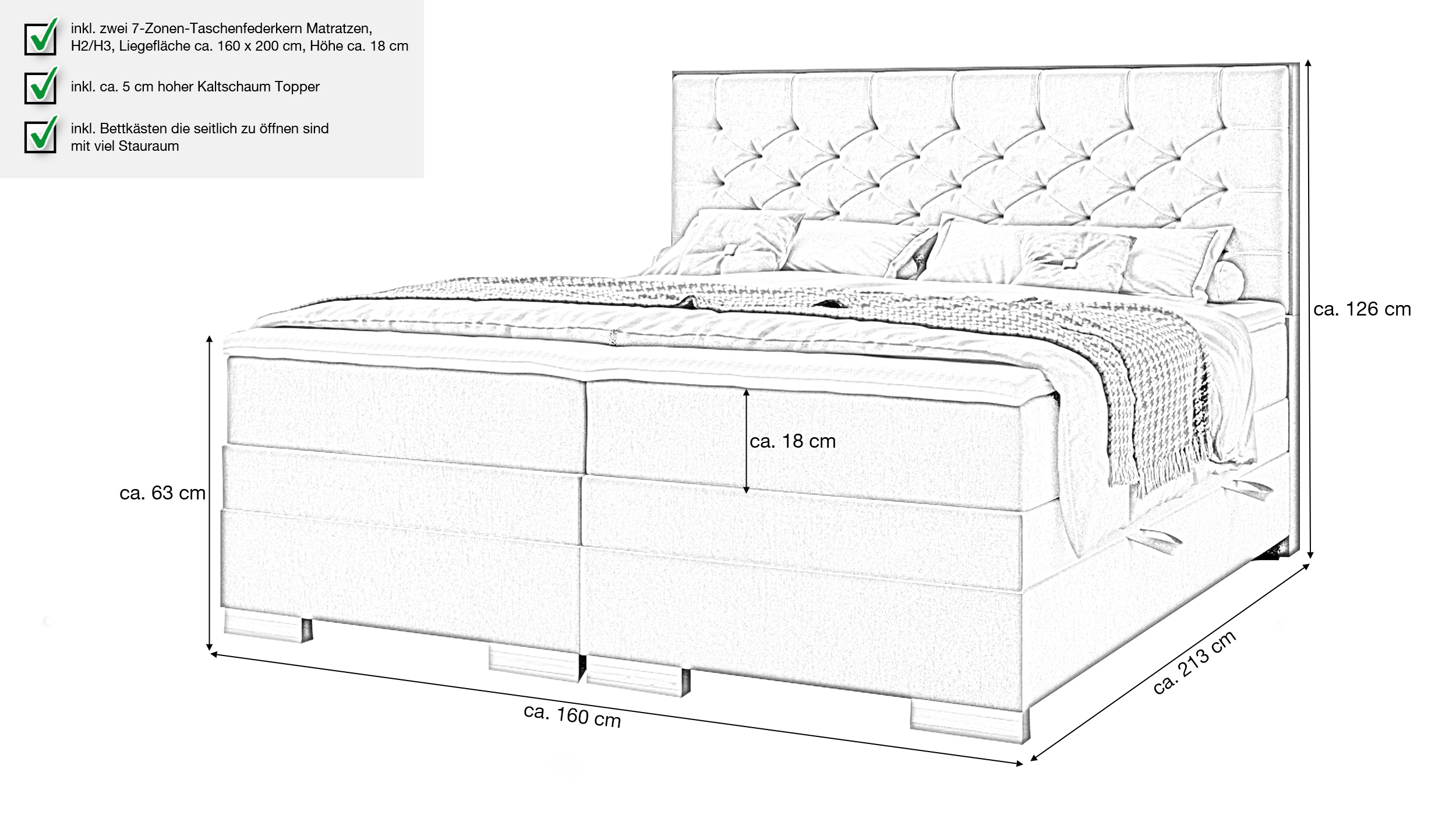 Boxspringbett 160 x 200 cm grau - mit Bettkasten - LUANO 