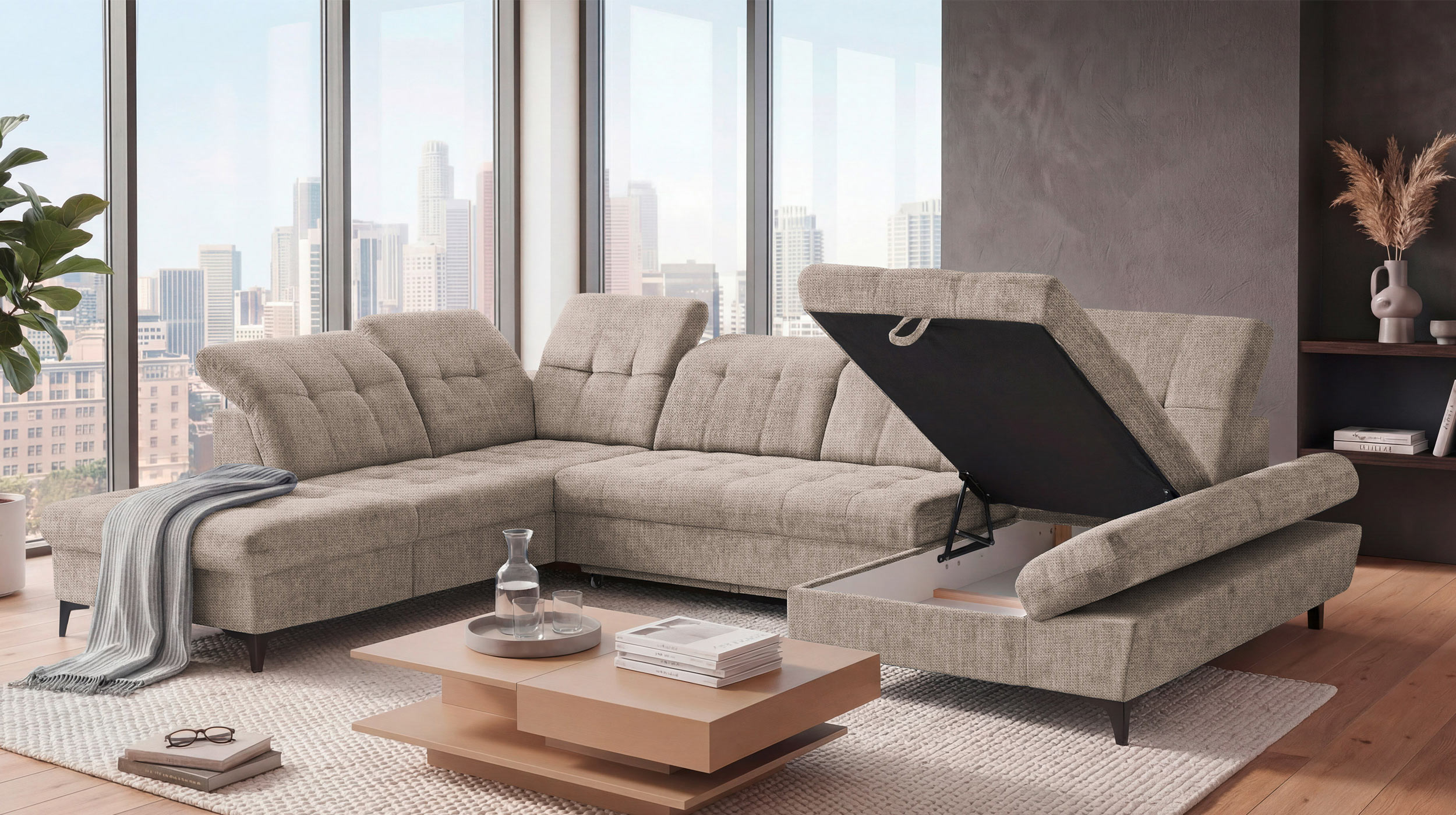 Wohnlandschaft Schlaffunktion Bettkasten Beige-Kaschmir - MERCY