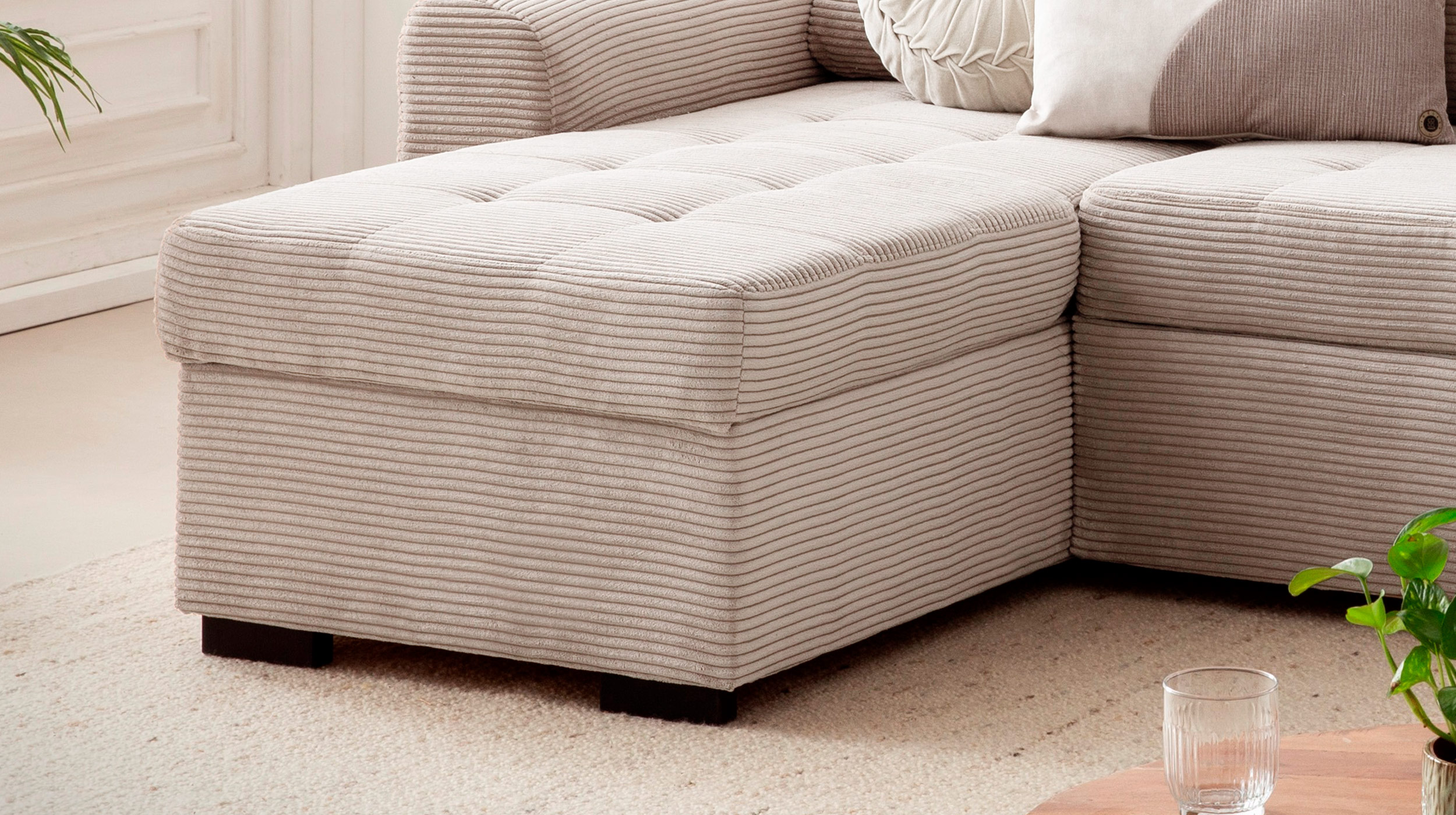 Ecksofa Cord beige mit Schlaffunktion 243 cm - Bettkasten - POLL