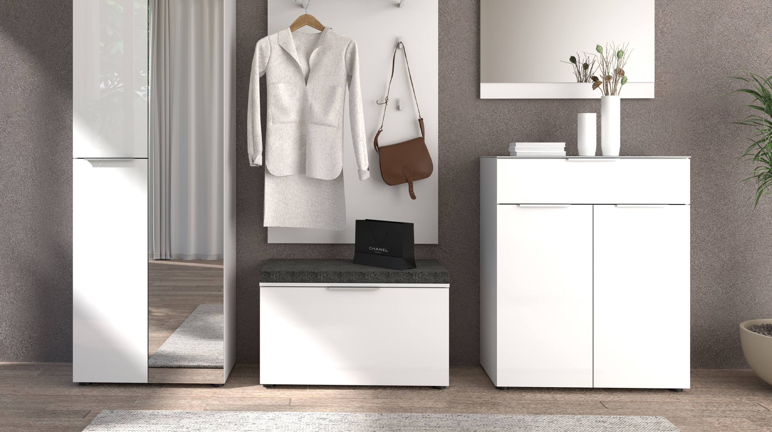 Kommode mit Schublade weiß Glasfront 80 cm - SANTORIN