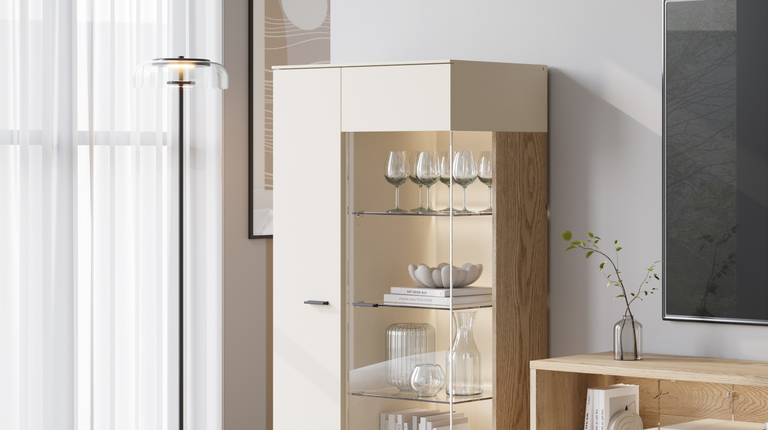 Vitrine mit Glastür beige - Eiche - Breite 75 cm - MEOLO