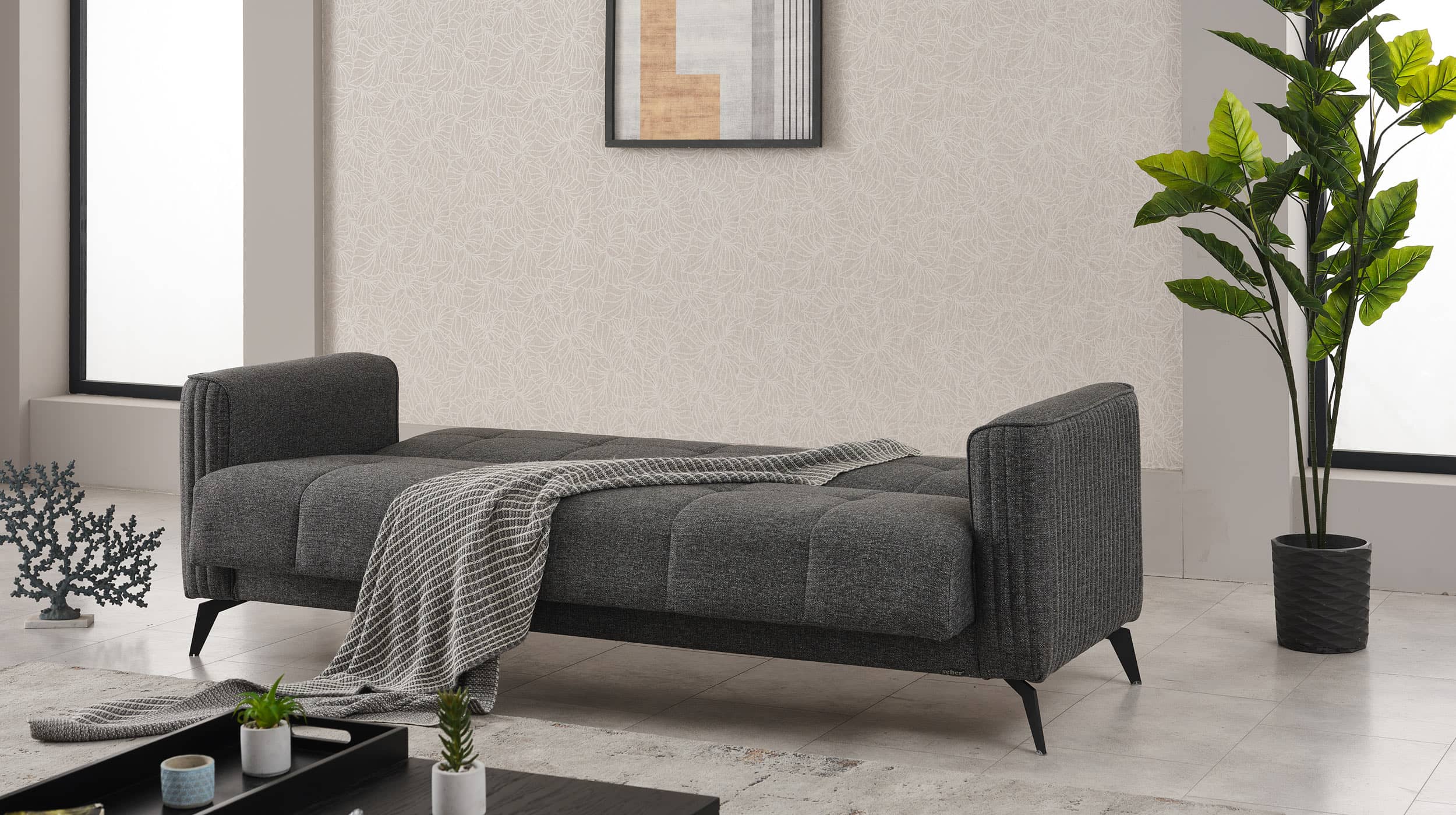 Einzelsofa 3-Sitzer mit Schlaffunktion 220 cm anthrazit - BELSAMO