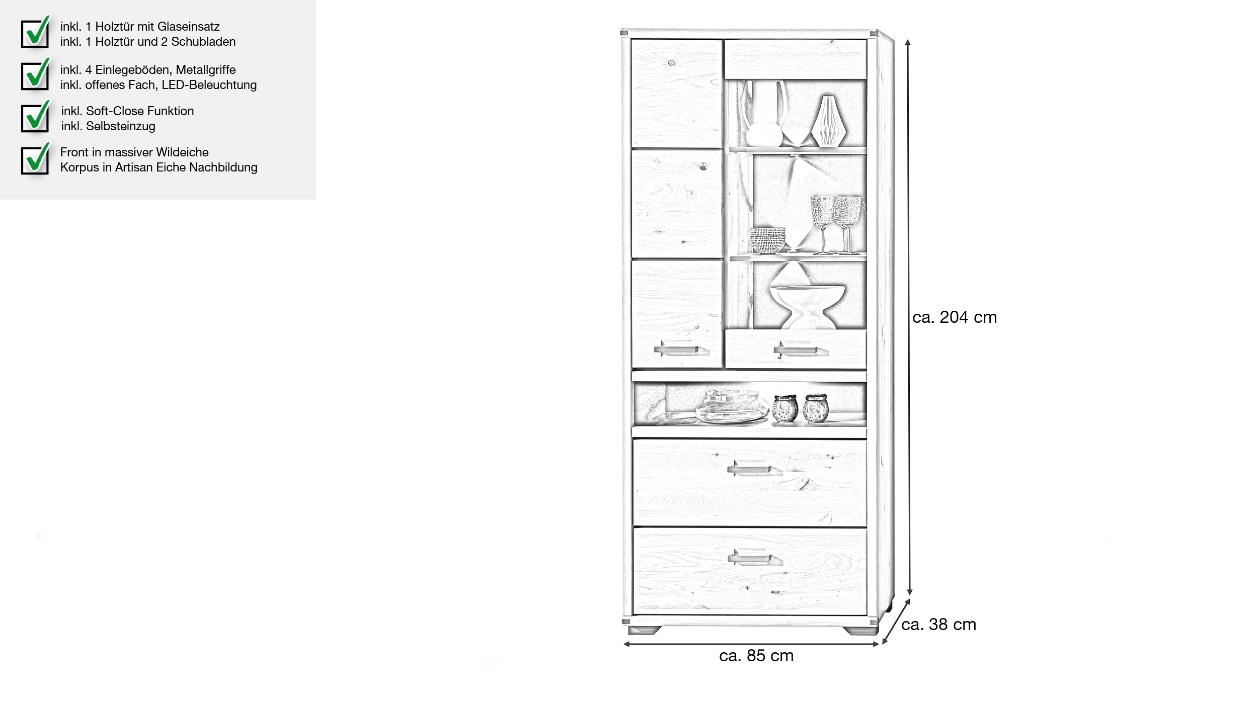 Vitrine mit Beleuchtung Wildeiche teilmassiv Breite 85 cm - CATANIA
