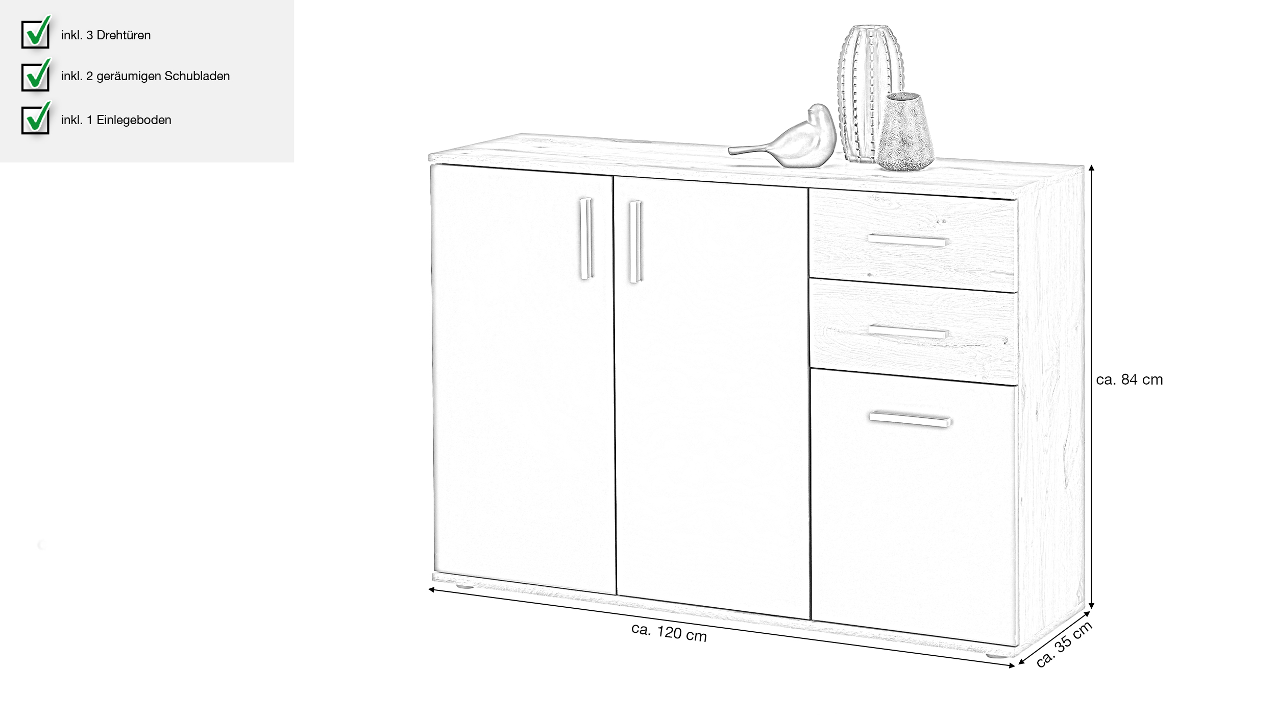 Kommode Viking Oak - grau 120 x 84 cm - BOBBY