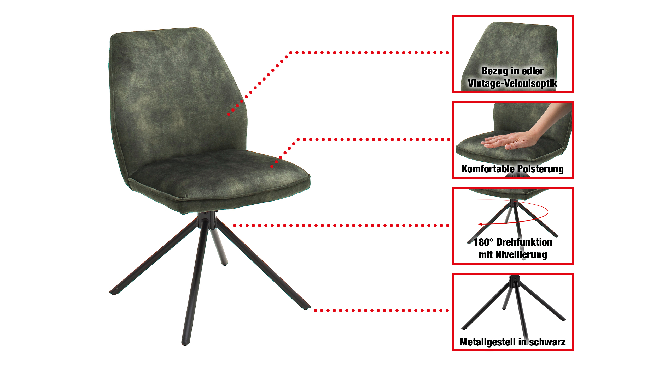 Polsterstuhl olive Metallgestell Velours Optik drehbar - OTTAWA
